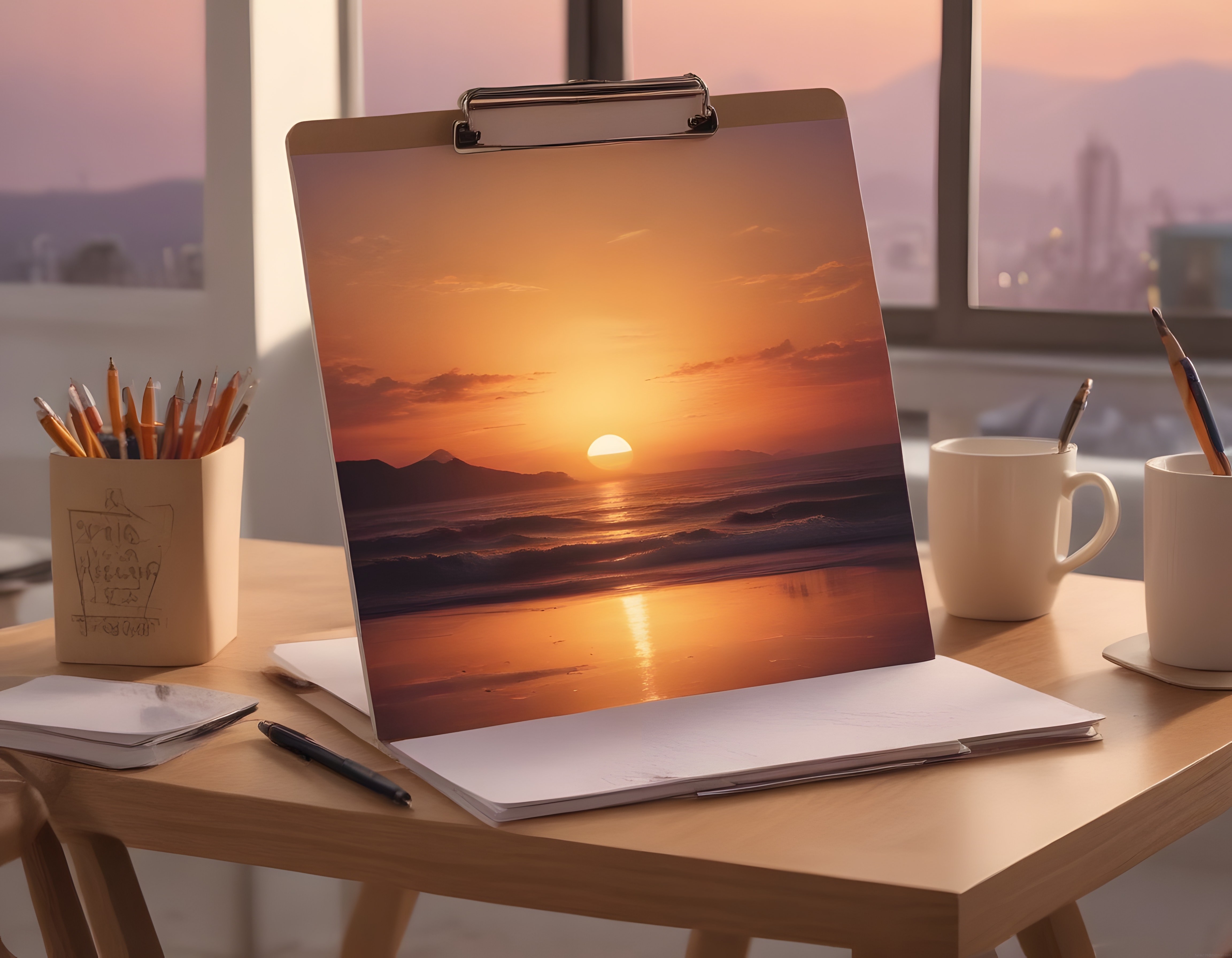 Sanatsal Çalışma Masasında Gün Batımı Deniz Manzaralı Ressam Köşesi