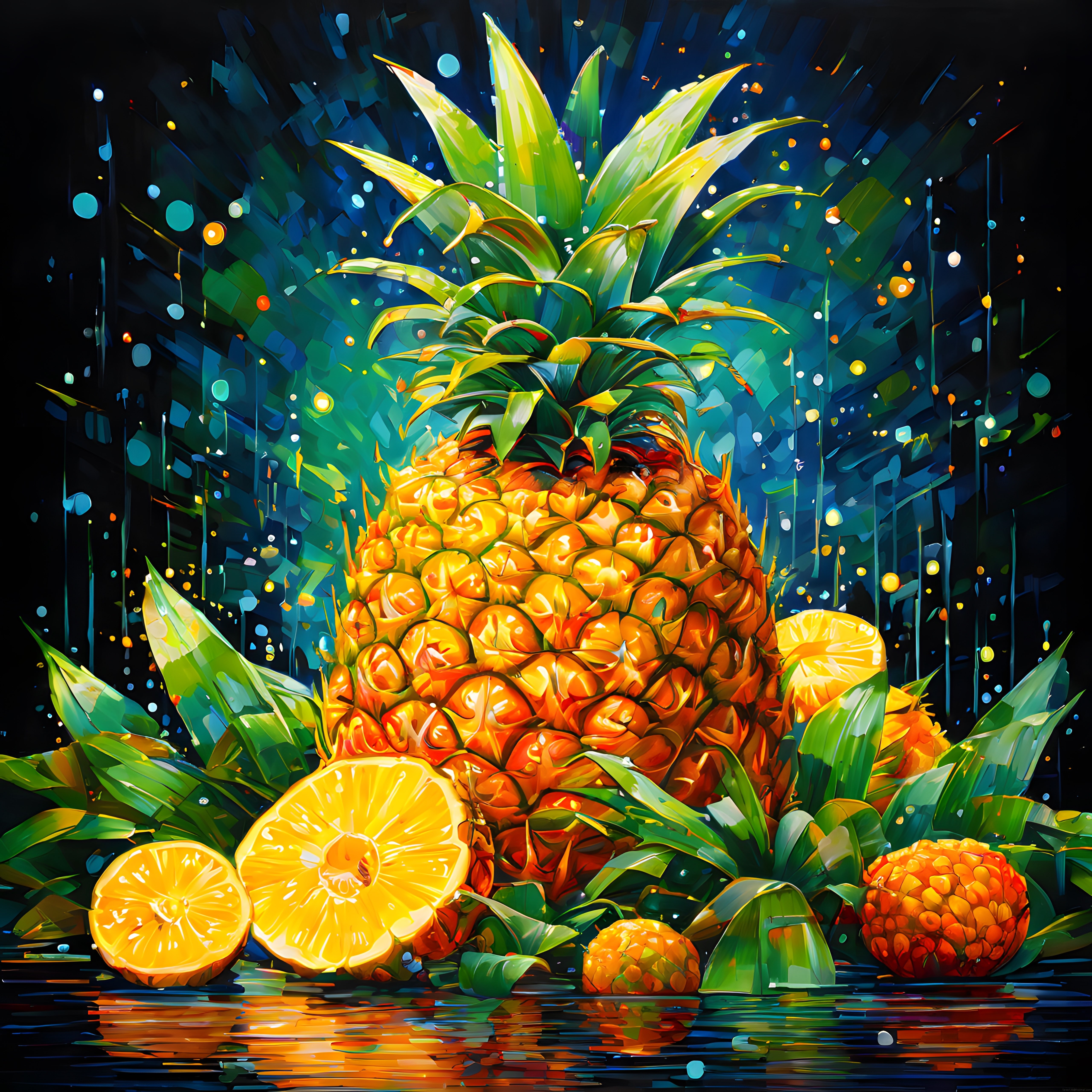 Sanatsal Dijital Boyama Stilinde Parlayan Tropikal Ananas ve Dilimleri