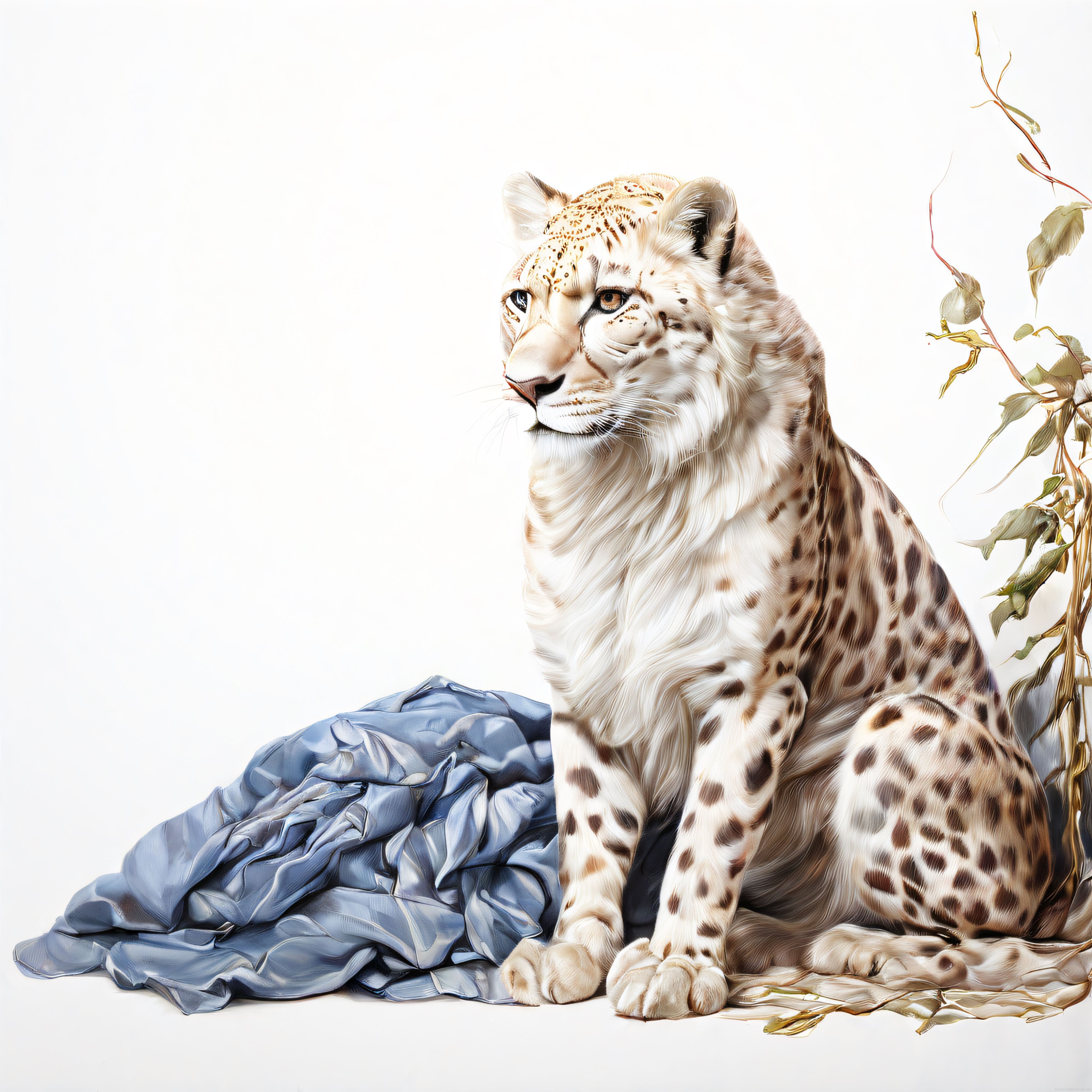 Sanatsal Dijital Portre: Asil Kar Leoparı ve Mavi Kumaşın Elegan Uyumu