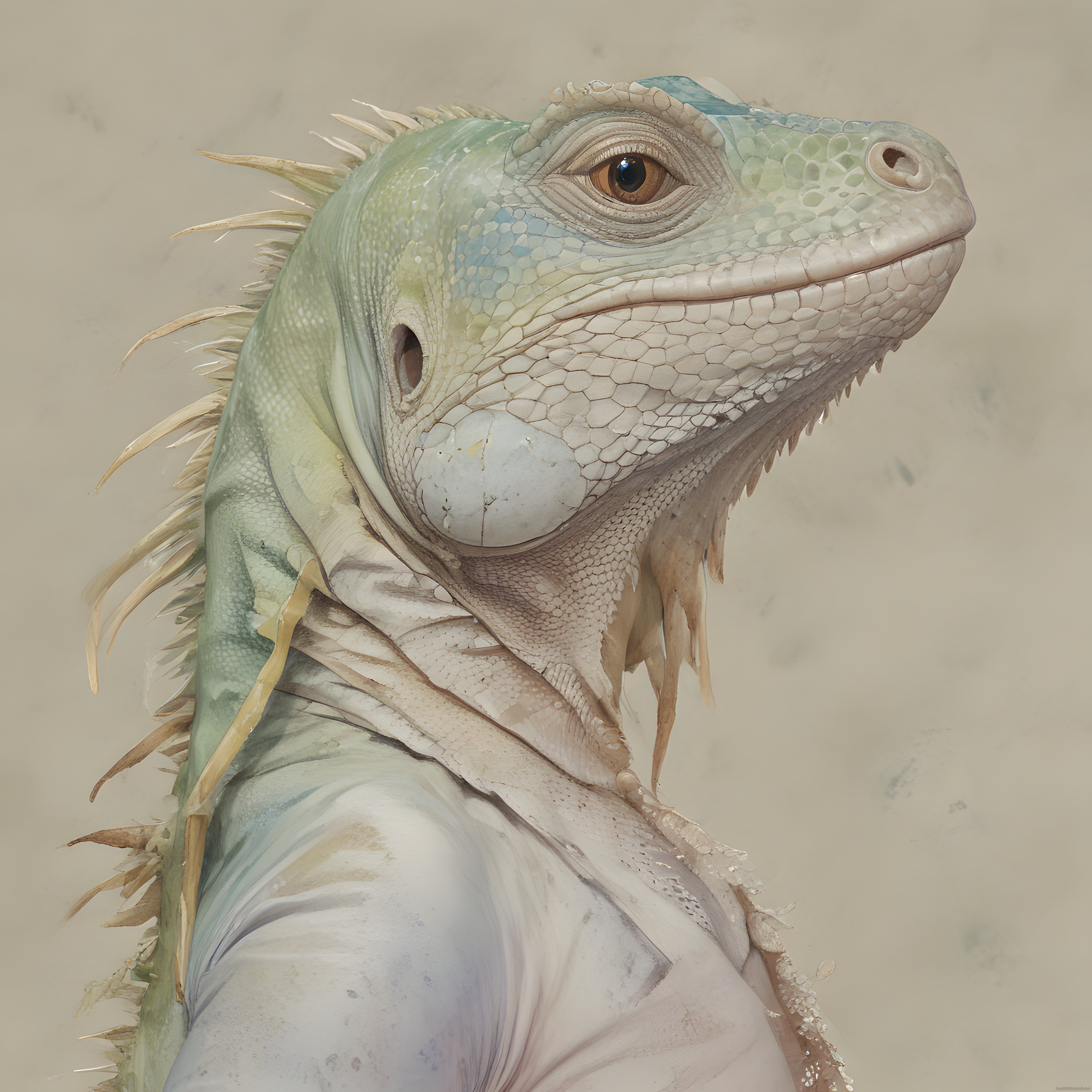 Sanatsal Iguana Portresi: Pastel Arka Planda Pullu Deri ve Sakin Bakış