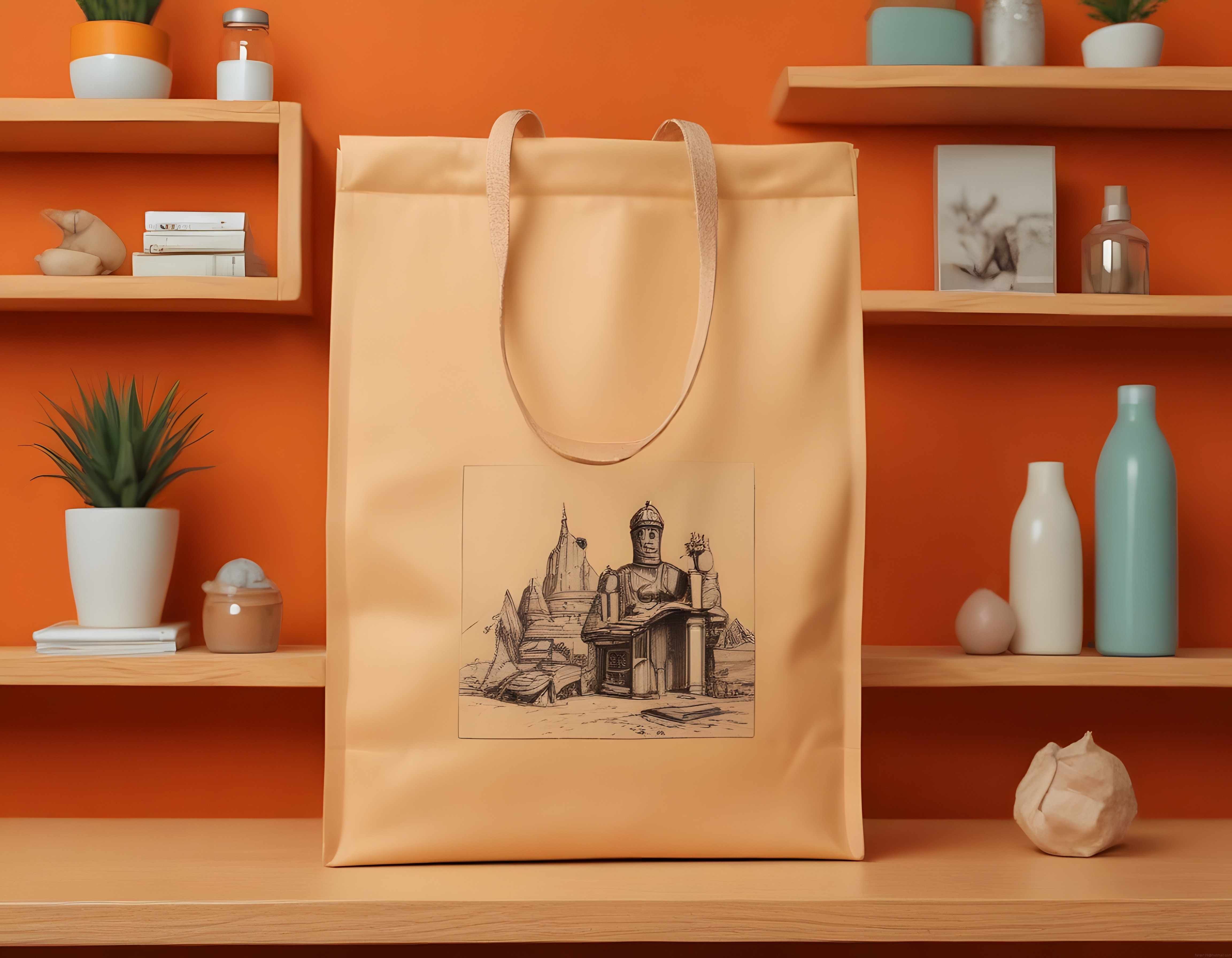 Sanatsal illüstrasyonlu bej tote bag ve turuncu duvarlı modern stüdyo dekorasyonu