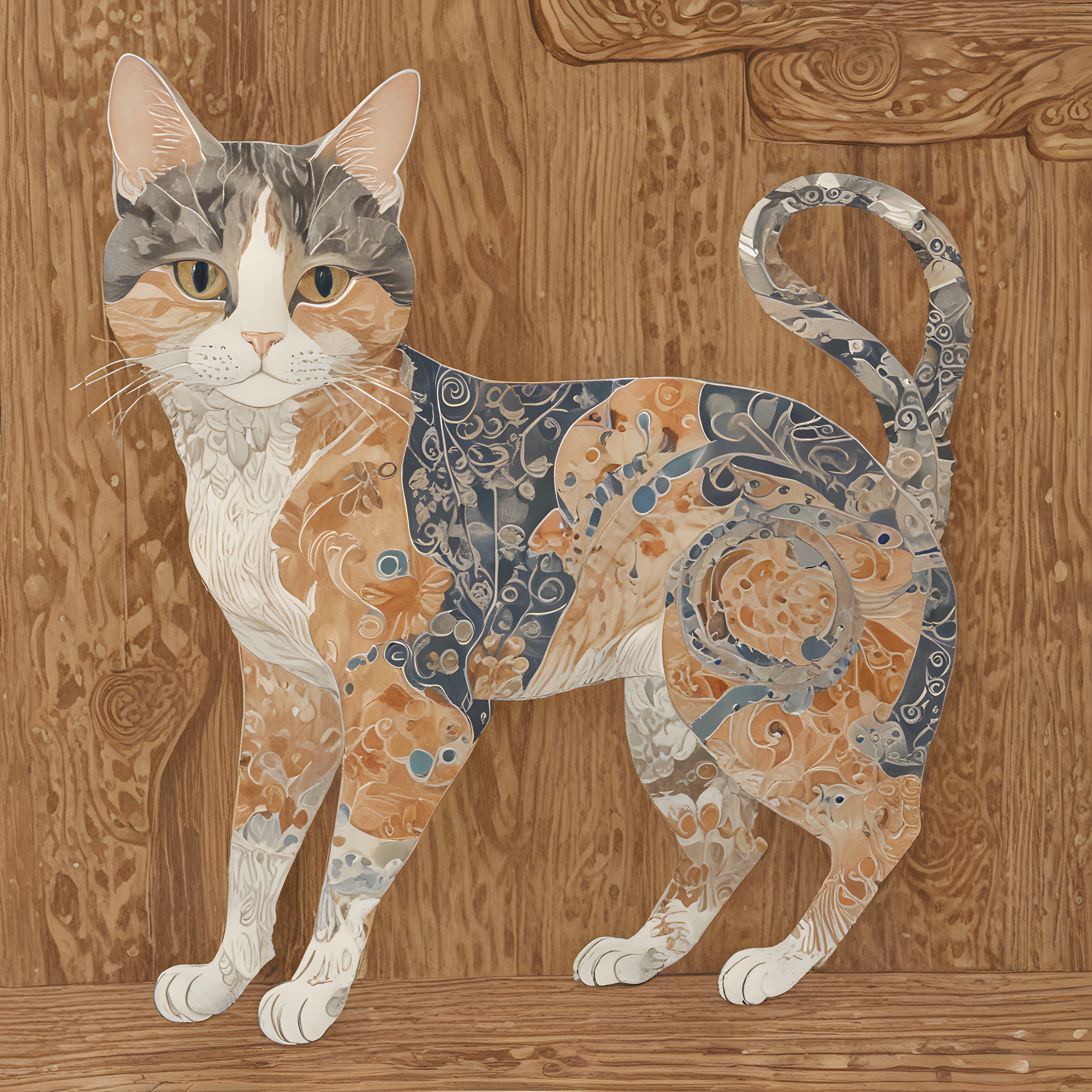 Sanatsal Patchwork ve Süslemeli Kedi illüstrasyonu, Ahşap Desenli Arka Plan