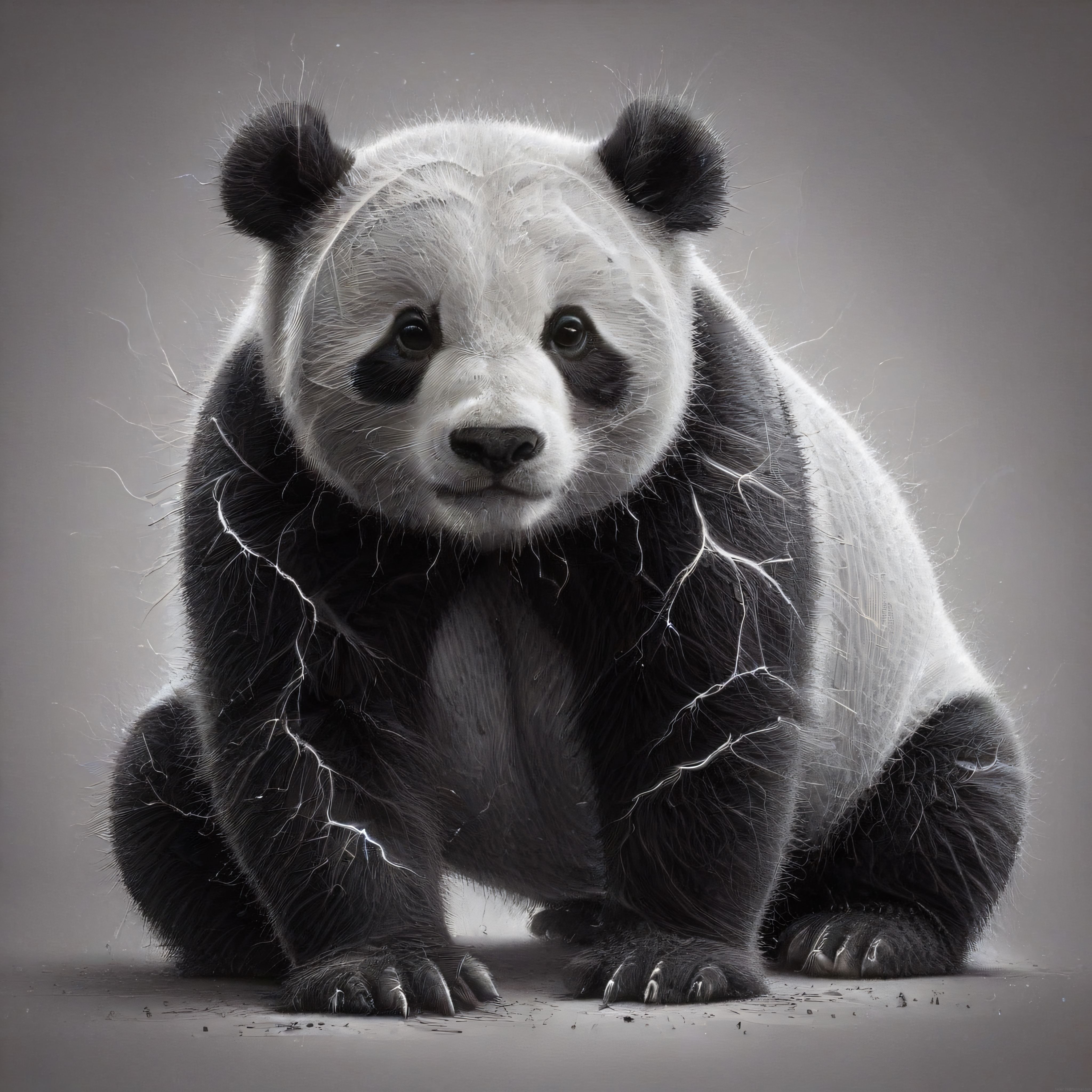 Sanatsal Siyah Beyaz Panda Portresi ile Işık Parçacıkları ve Detaylı Tüy Dokusu