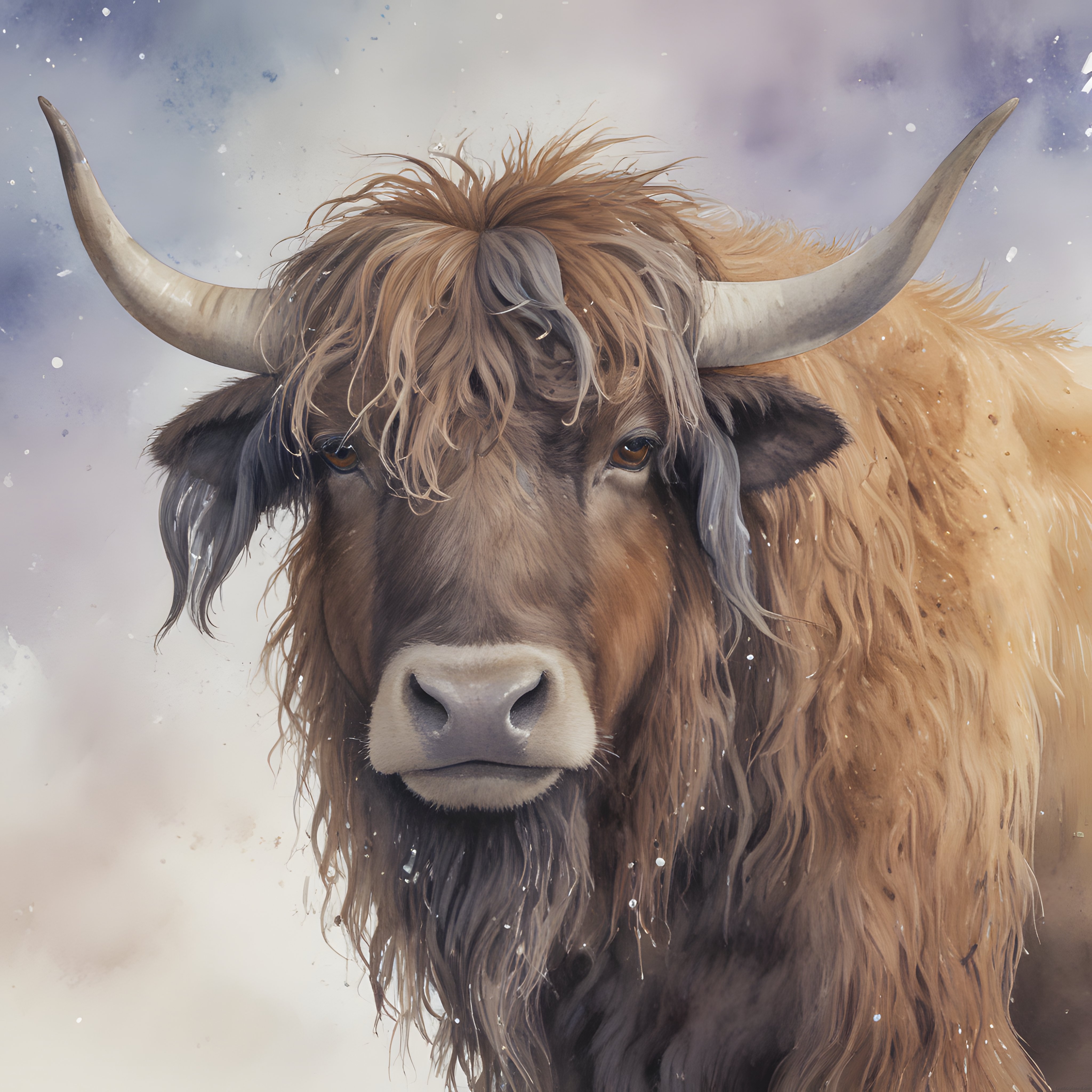 Sanatsal Sulu Boya Efektinde İskoç Highland Sığırı Portre Çalışması