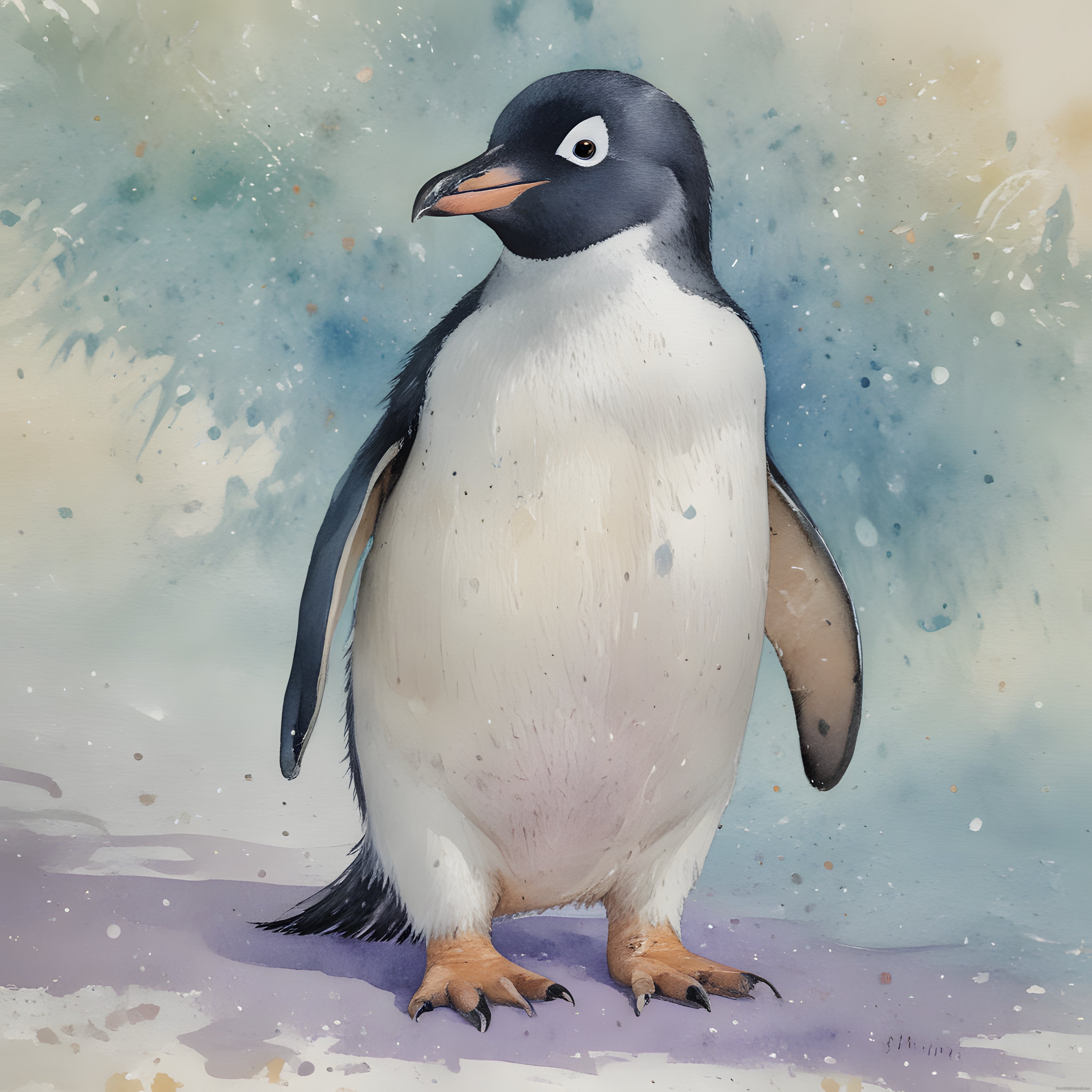 Sanatsal Suluboya Efektinde Antarktika Gentoo Pengueni İllüstrasyonu