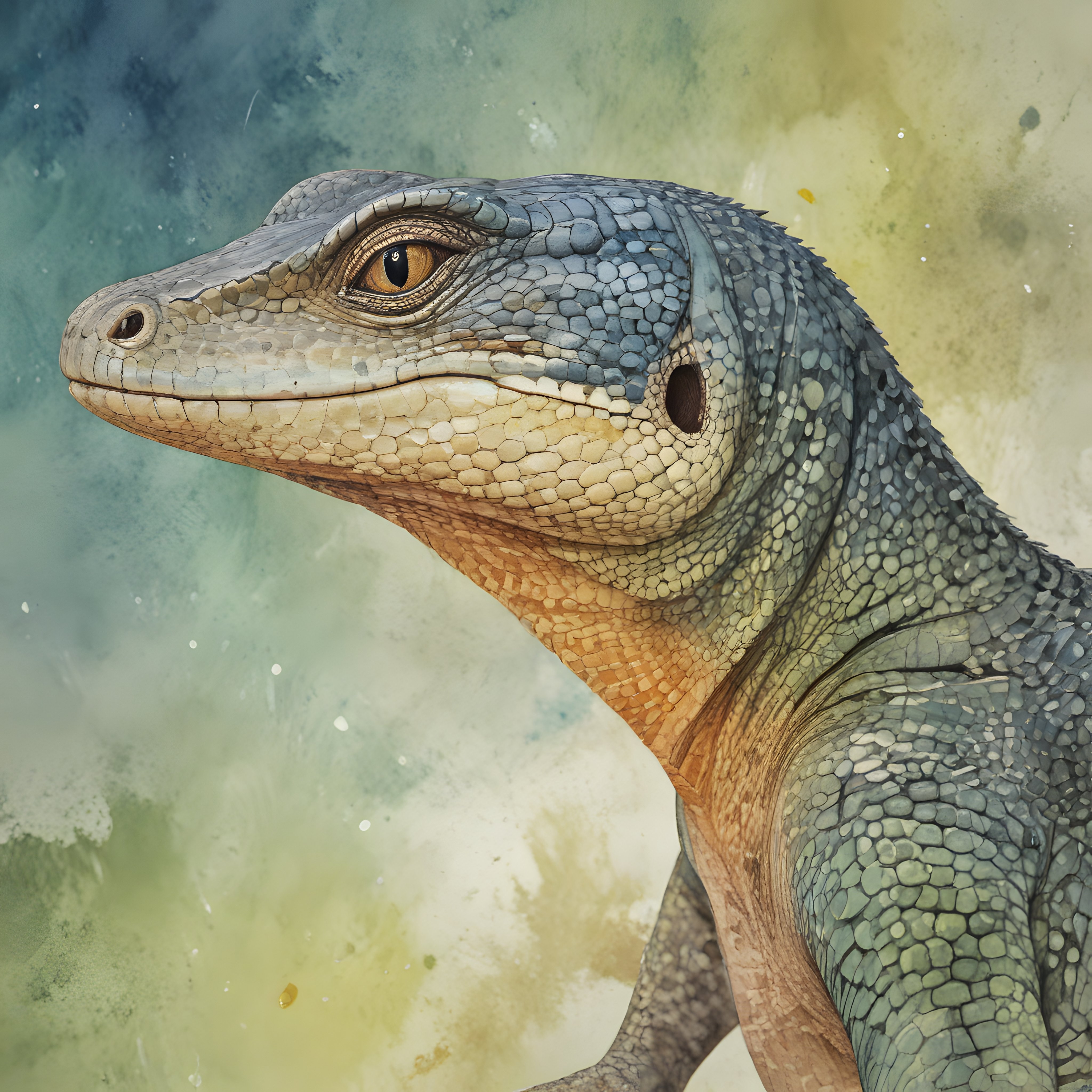 Sanatsal Suluboya Efektli İguana Portresi ve Egzotik Sürüngen Detayları