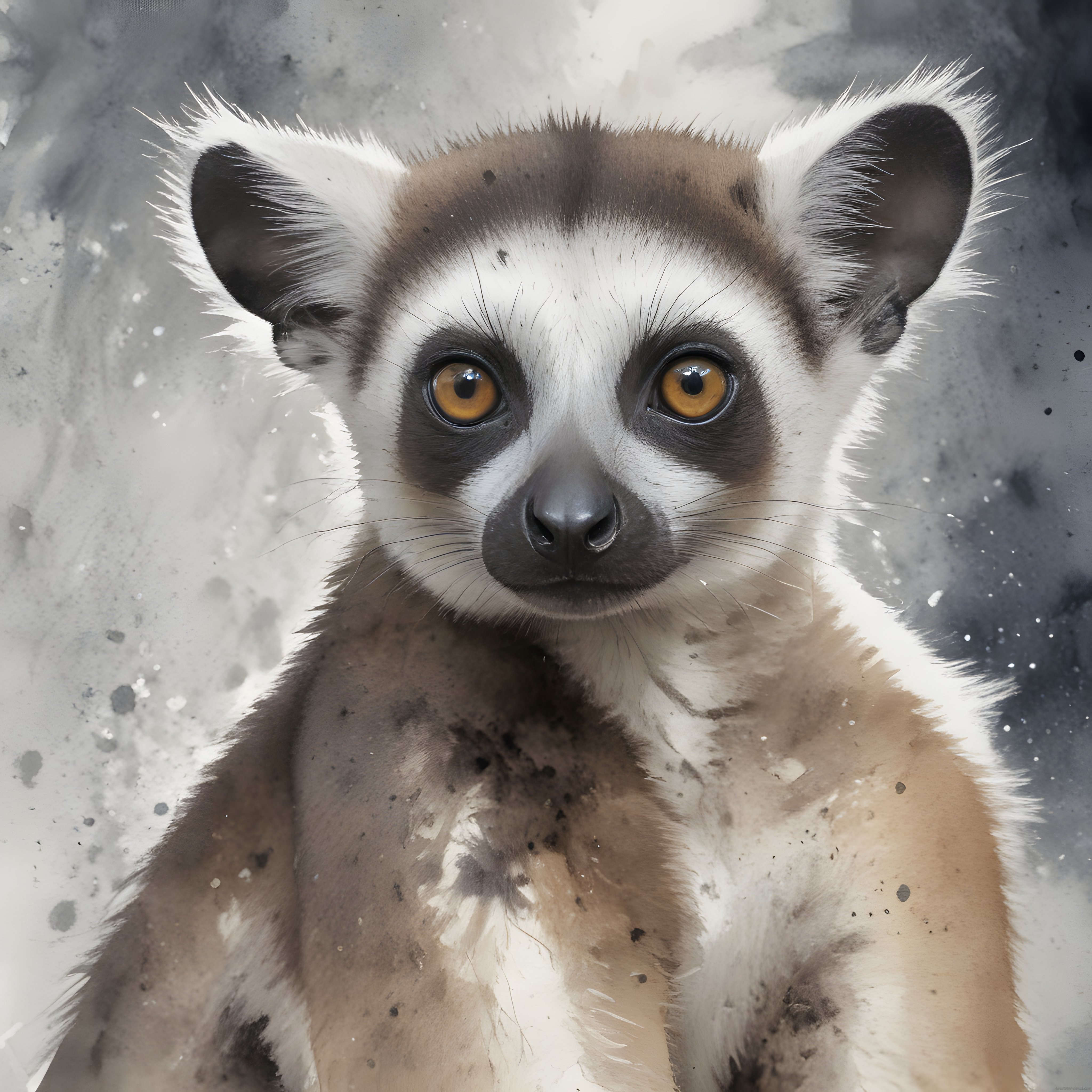 Sanatsal Suluboya Efektli Kuyruklu Lemur Portresi ve Büyüleyici Bakışlar