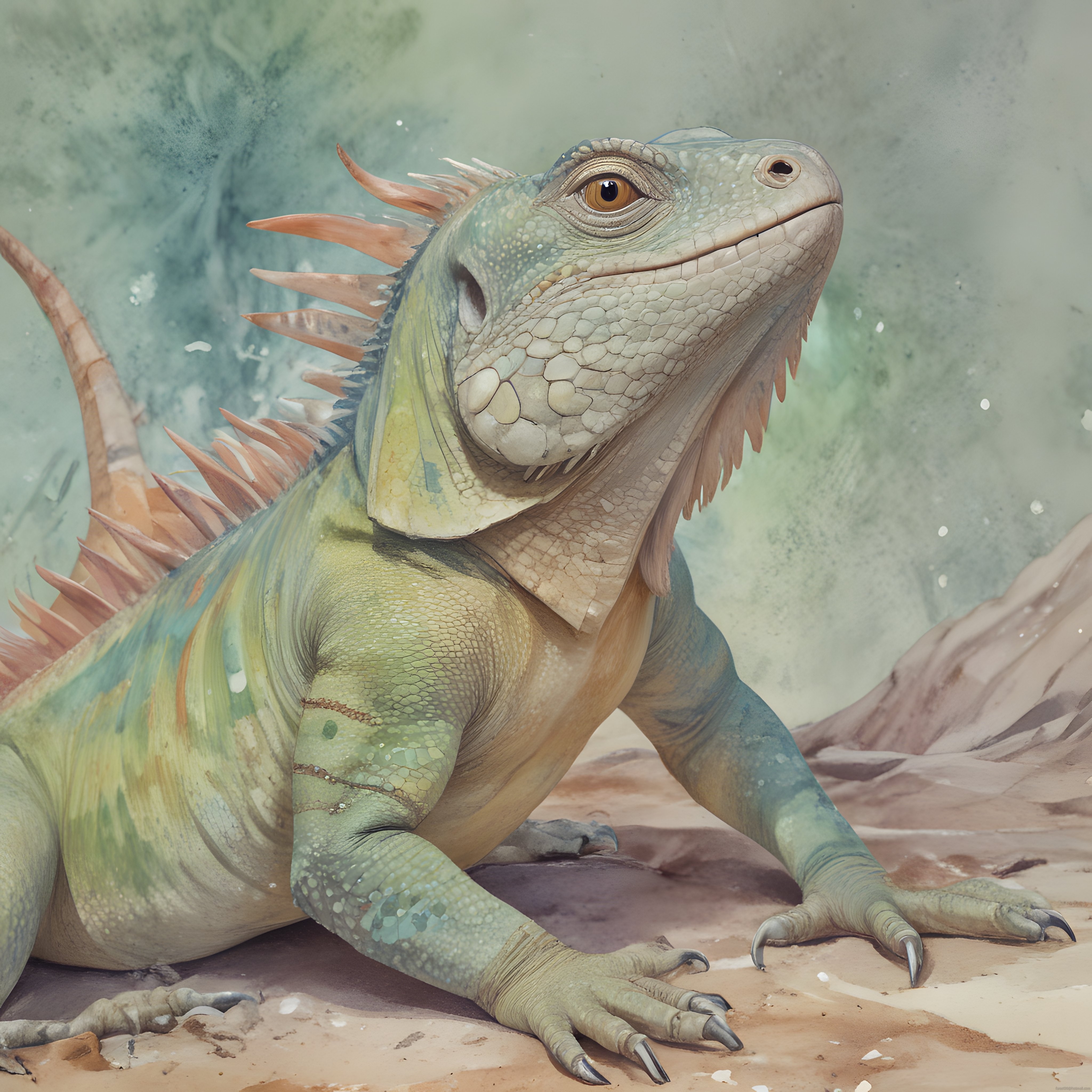 Sanatsal Suluboya Efektli Yeşil İguana Portresi ve Detaylı Pul Dokusu