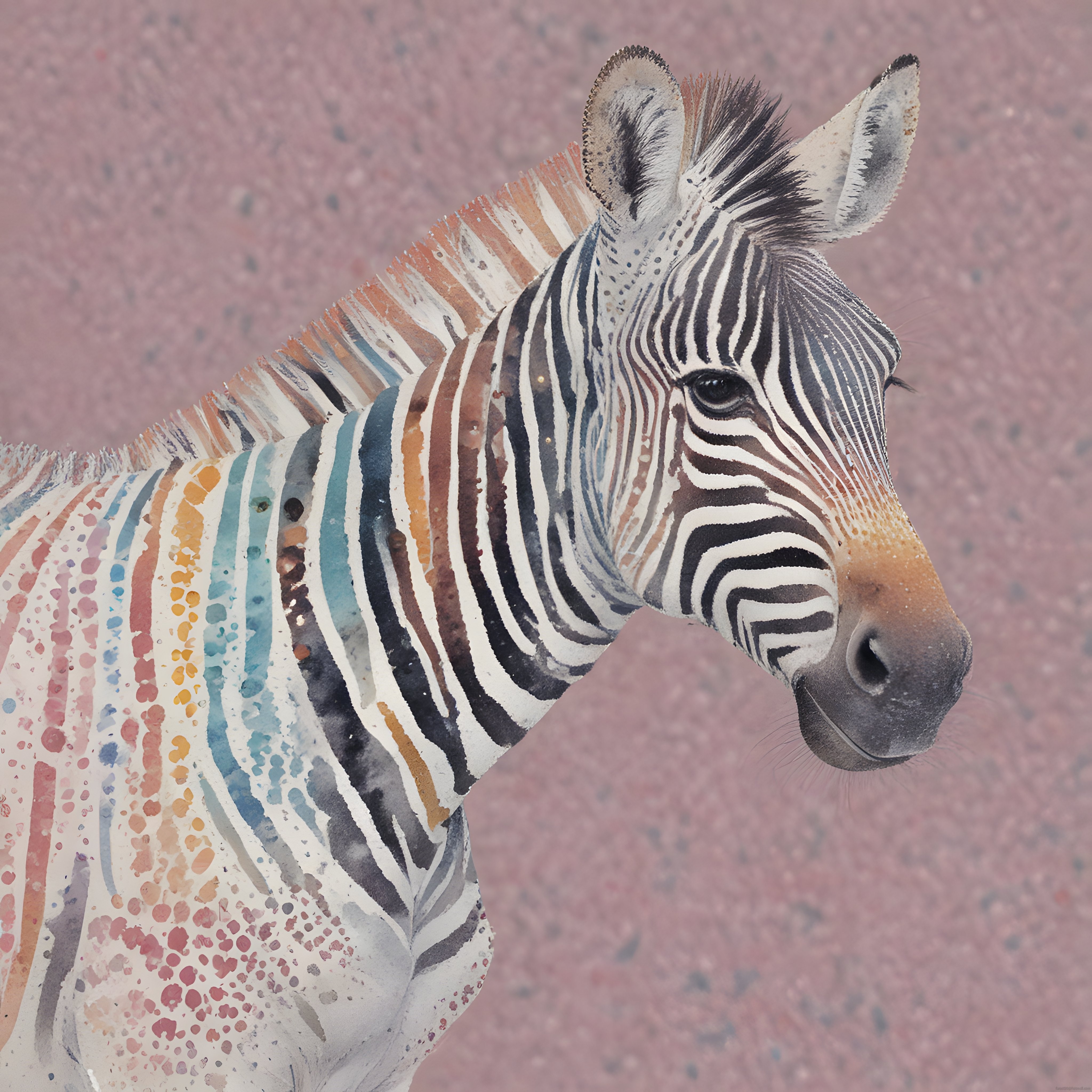 Sanatsal suluboya tekniğiyle oluşturulmuş renkli zebra portresi ve pastel arka plan