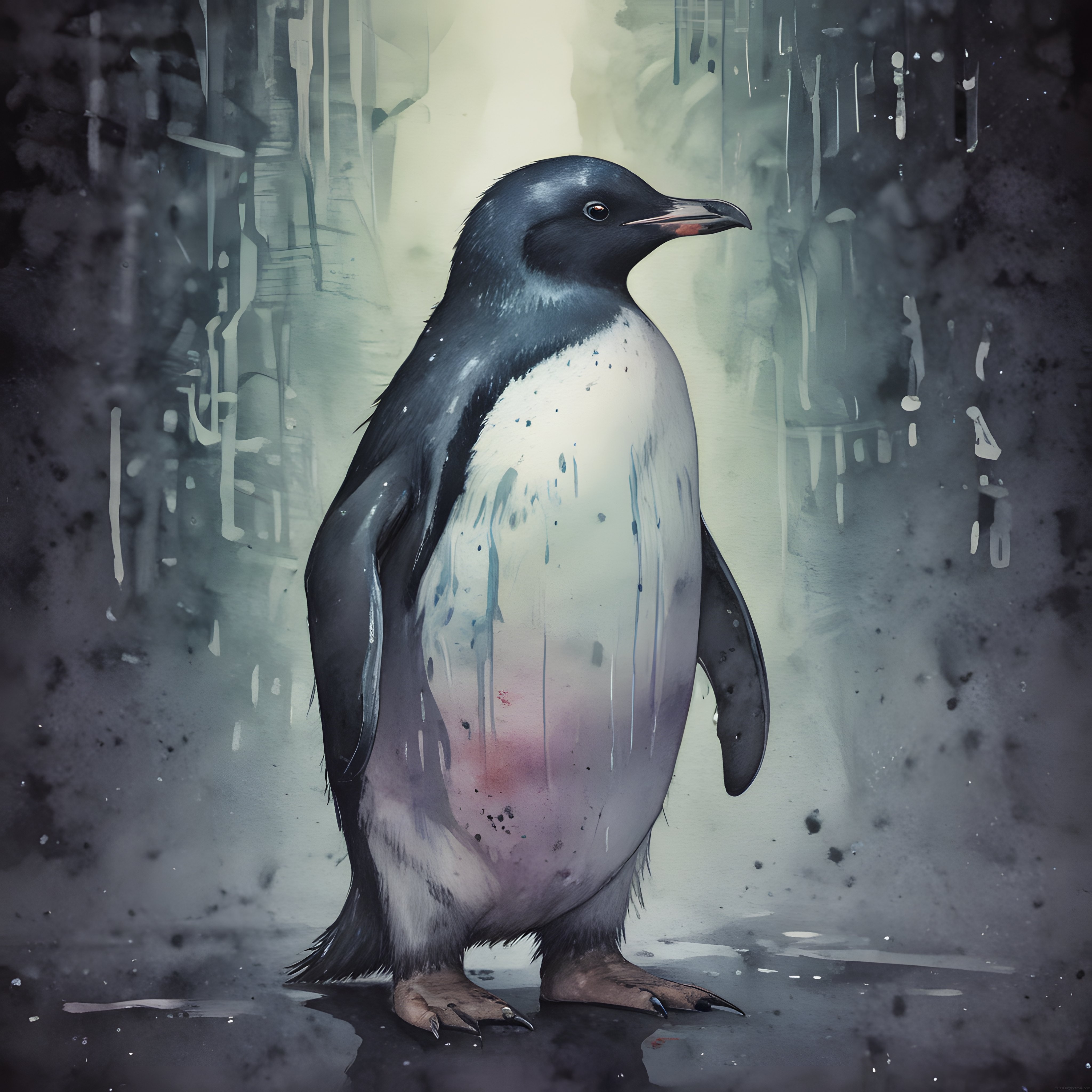 Sanatsal Suluboya Tekniğiyle Penguenin Gizemli ve Derin Portresi