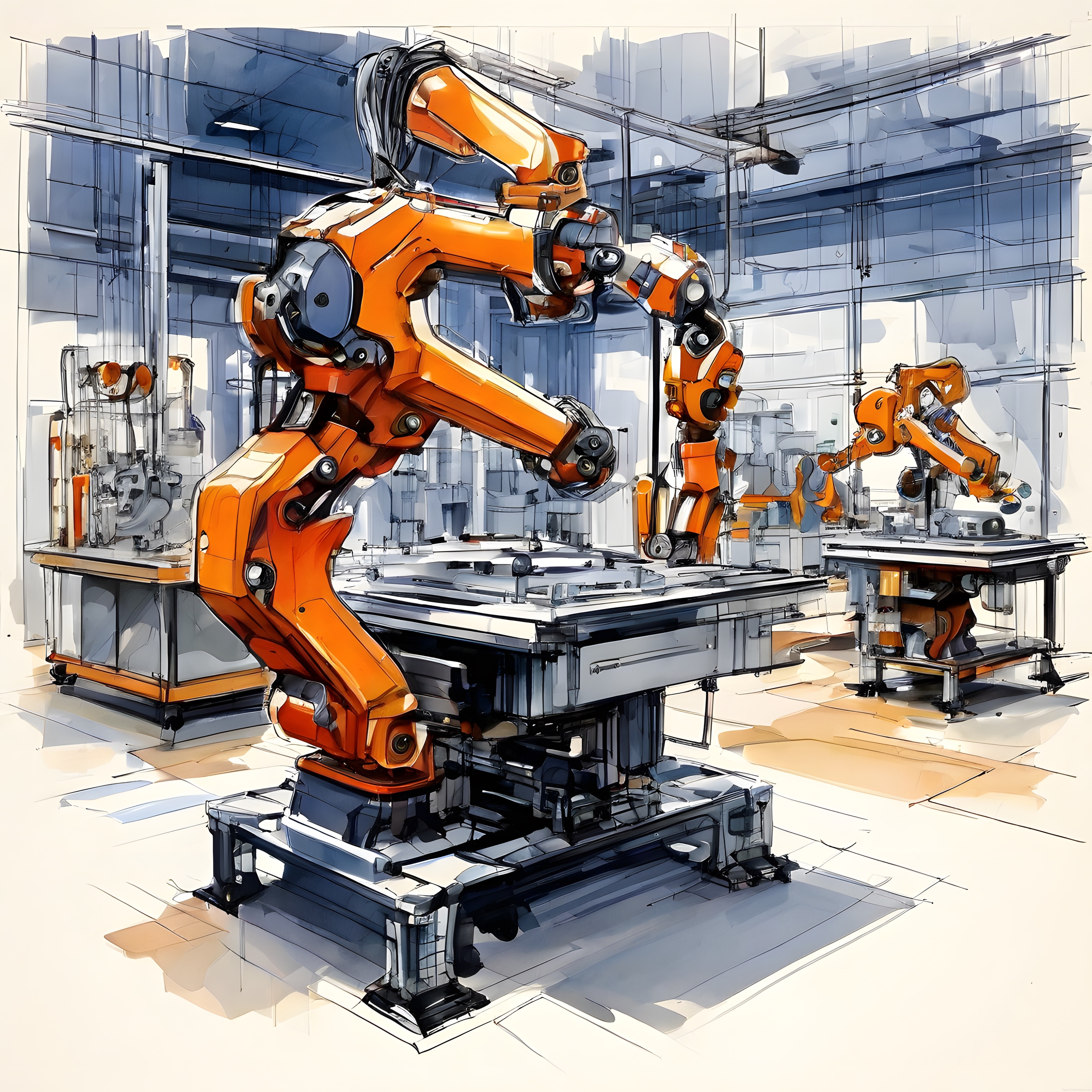Sanayi 4.0 Fabrikasında Otomasyonlu Turuncu Robot Kolların Sanatsal Çizimi