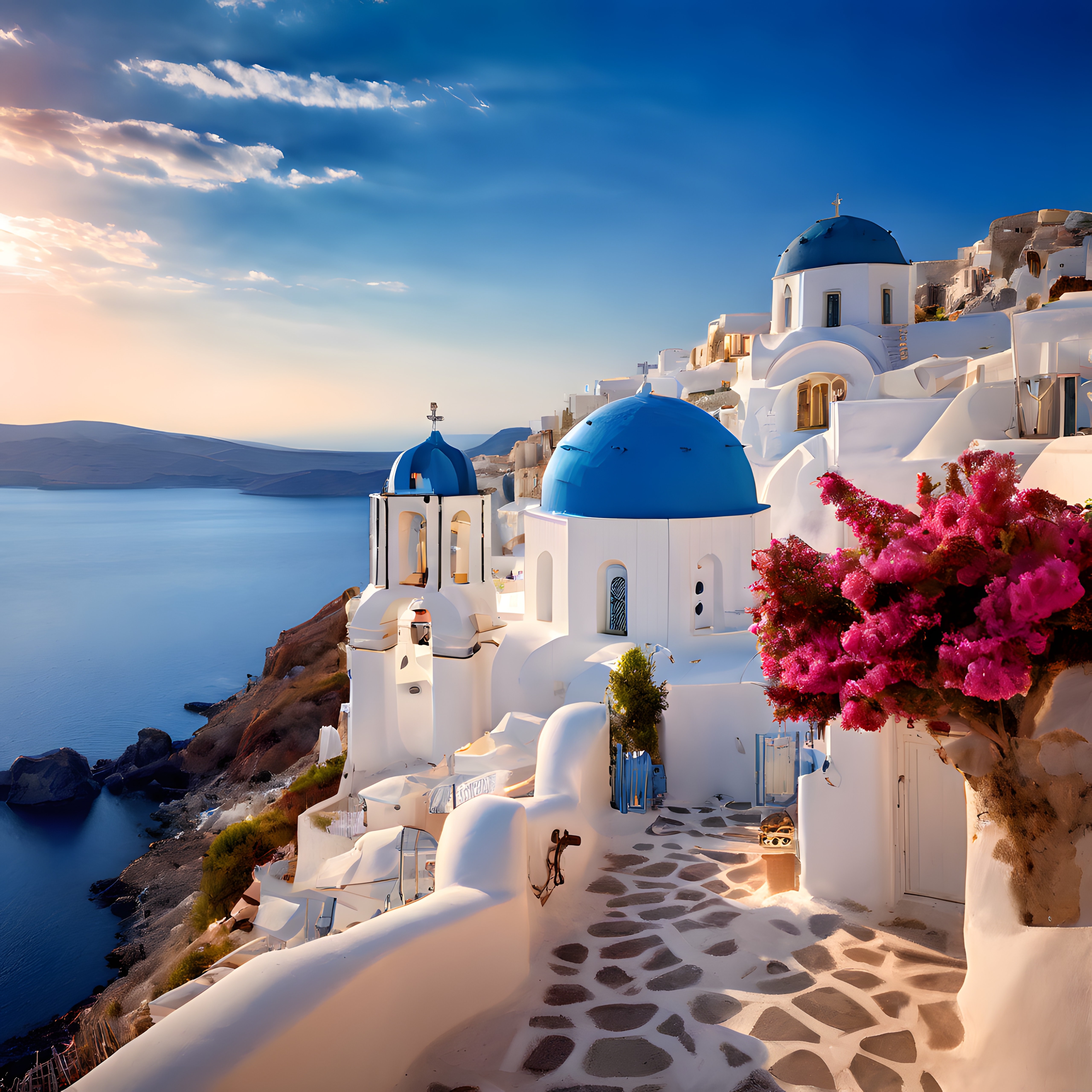 Santorini Adası'nda Gün Batımında Beyaz Evler ve Mavi Kubbeler Manzarası