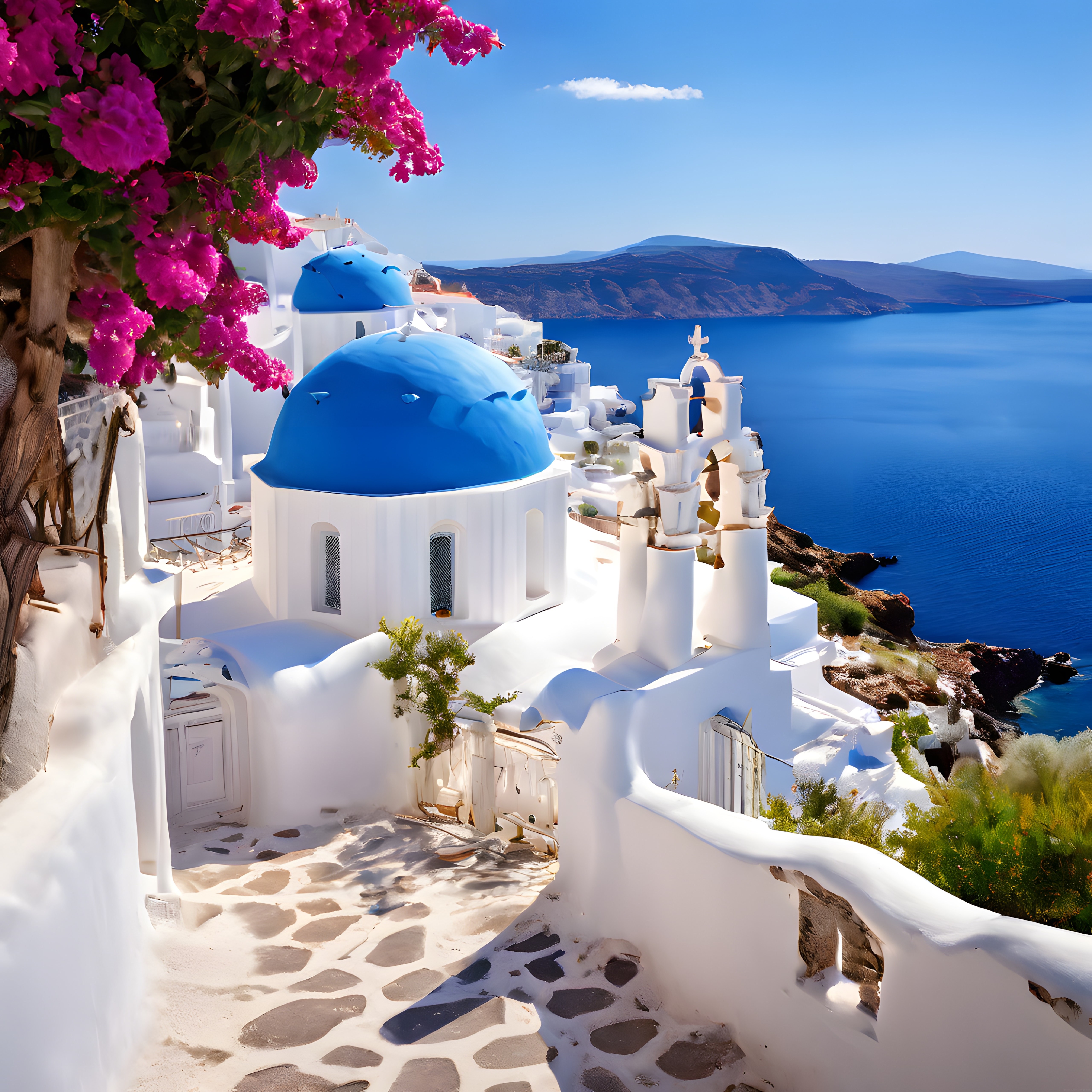 Santorini Adası'nda Mavi Kubbeli Beyaz Kiliseler ve Begonvil Çiçekleri