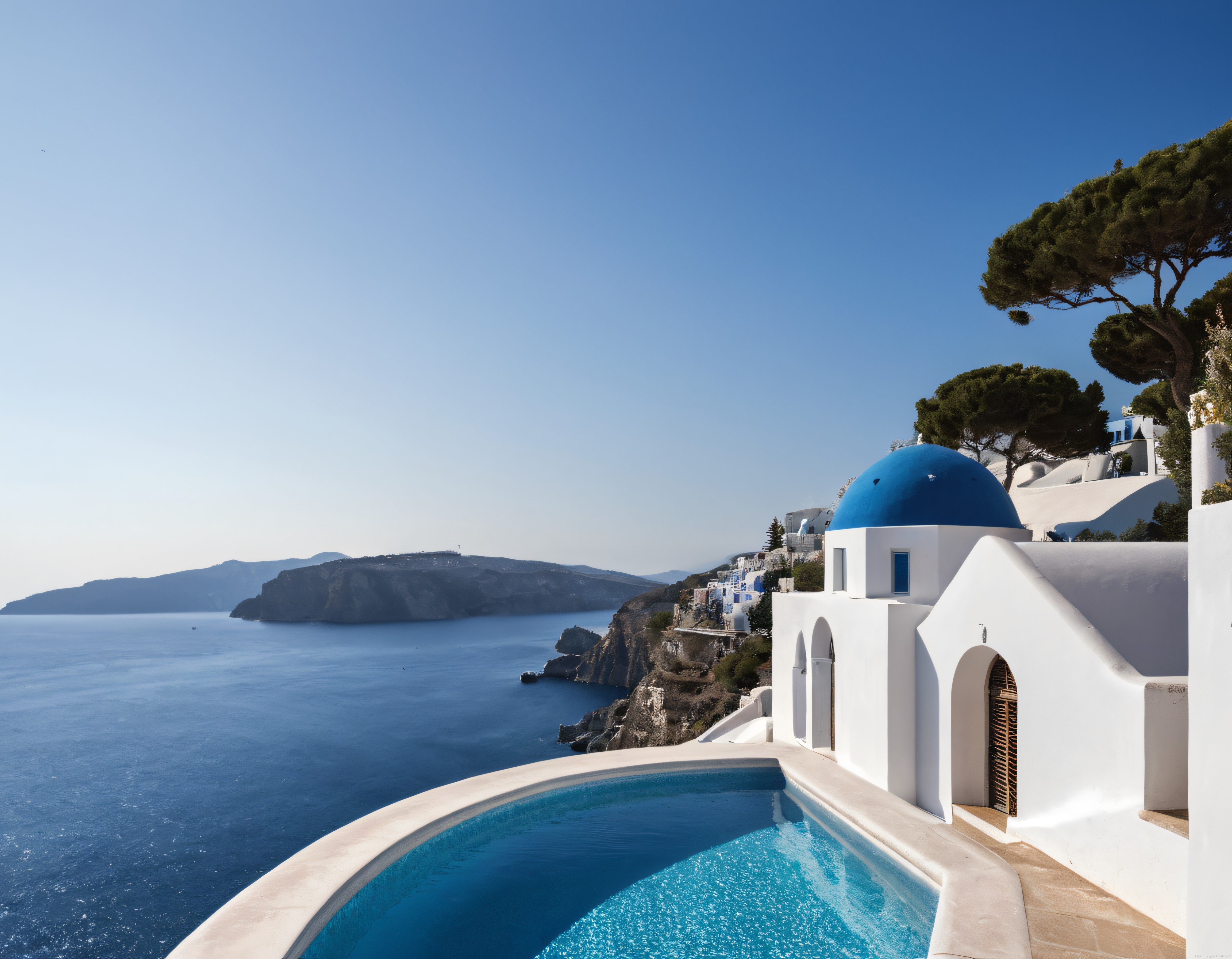 Santorini'de Mavi Kubbeli Beyaz Evler ve Yarımada Manzaralı Lüks Havuz Keyfi