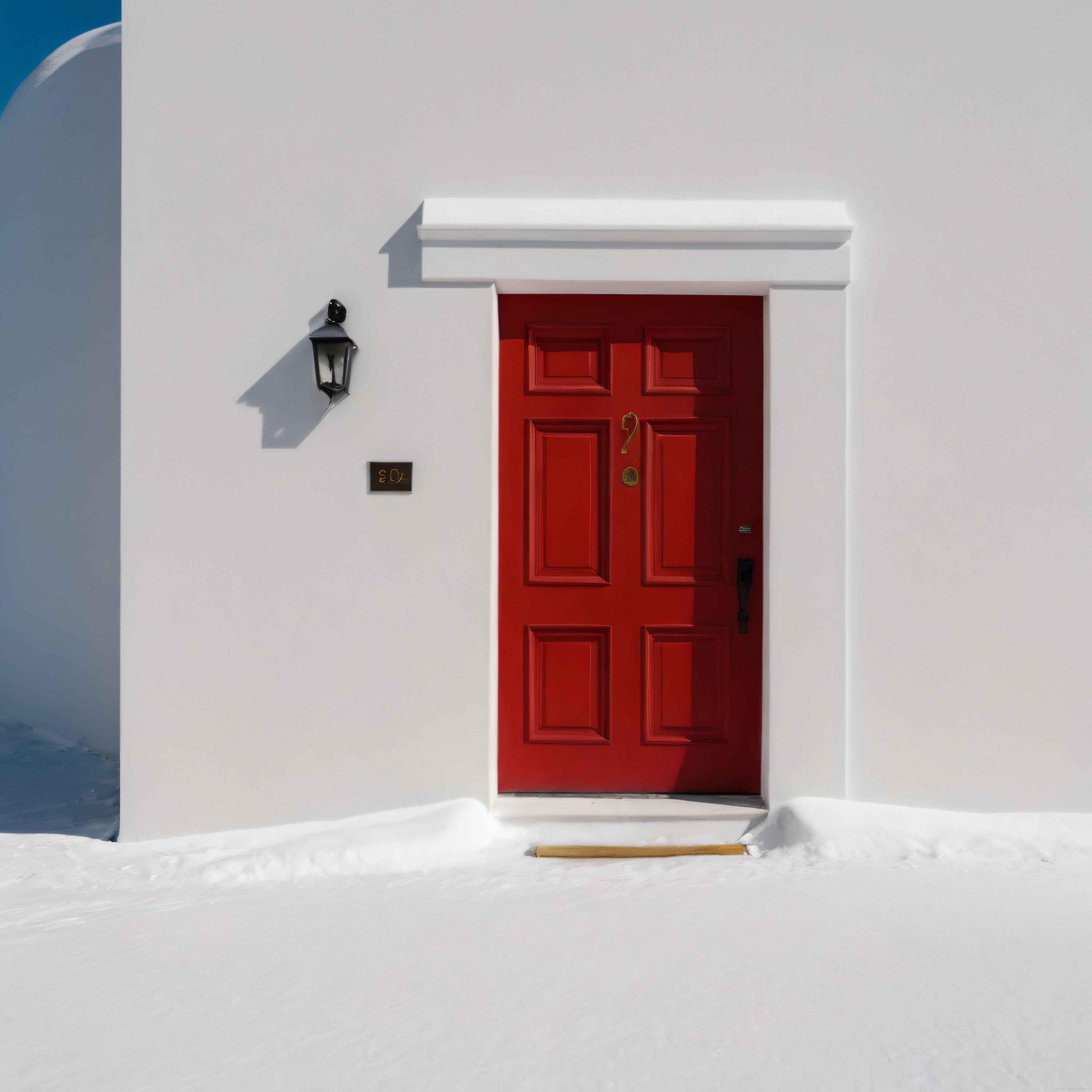 Santorini Havasında Kış Güneşinde Parlayan Kırmızı Kapı ve Akdeniz Mimari
