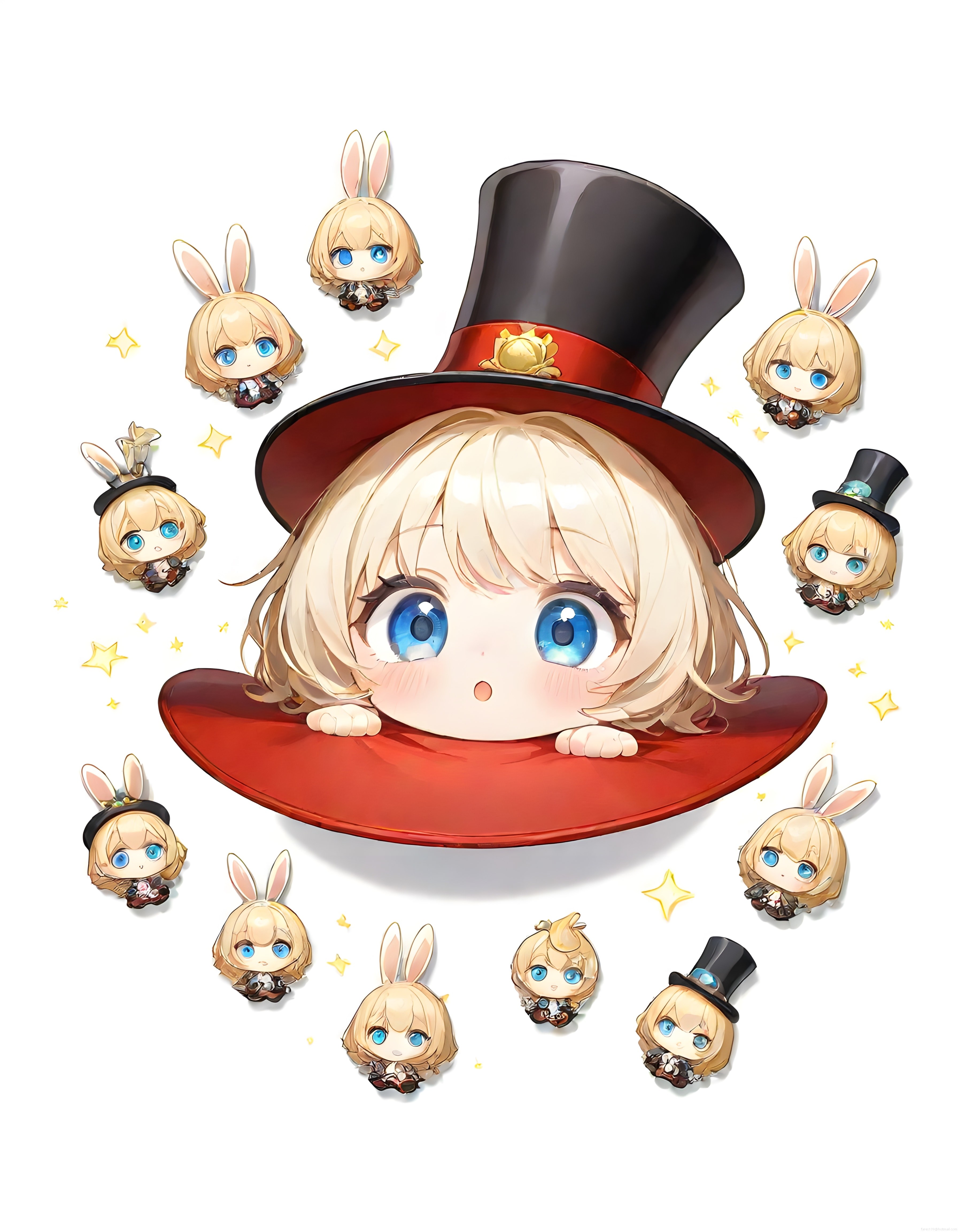 Şapka içinden bakan sevimli chibi anime kızı ve minik tavşan kulak versiyonları