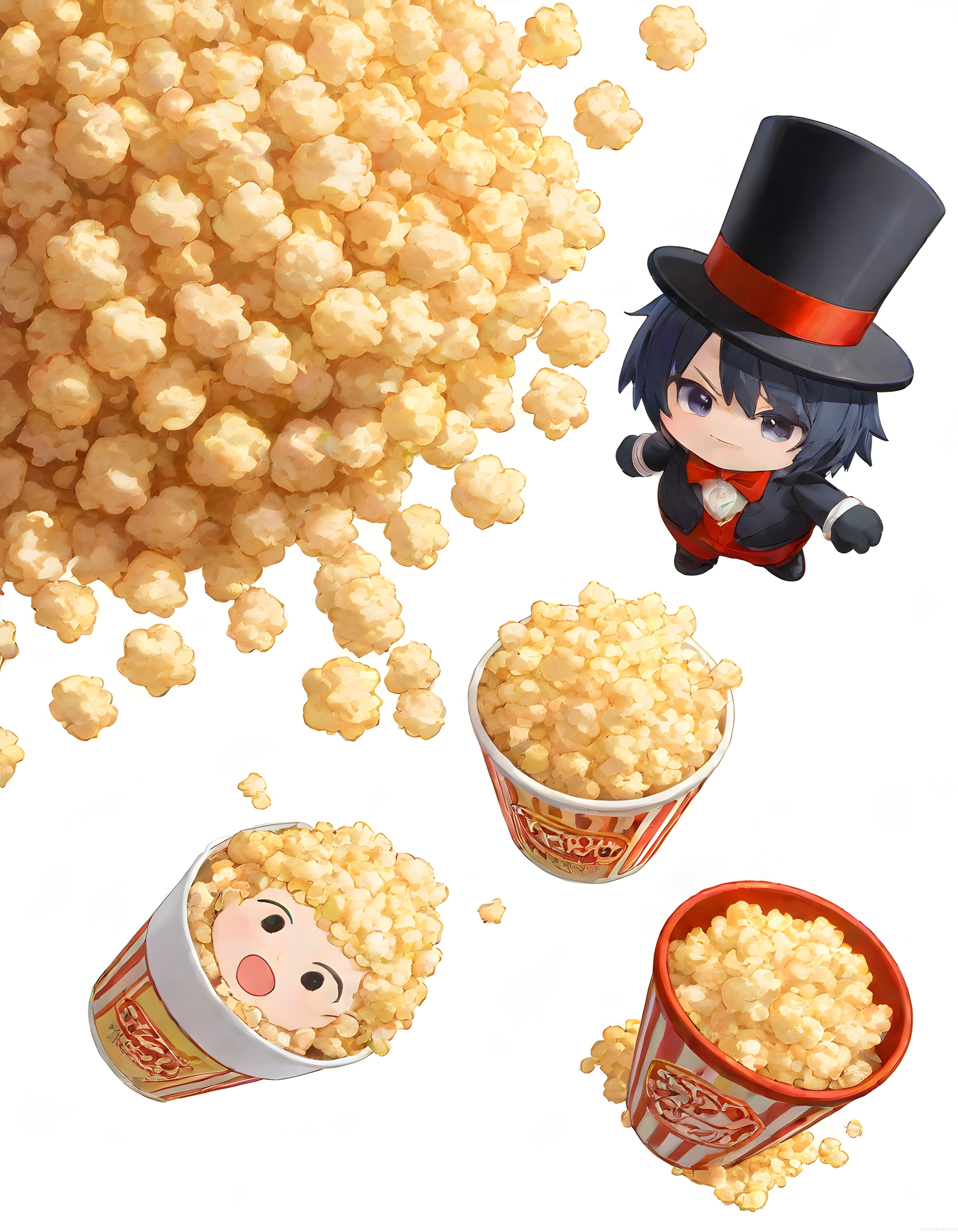 Şapkalı Chibi Anime Karakteri ve Uçuşan Patlamış Mısır ile Sinema Keyfi