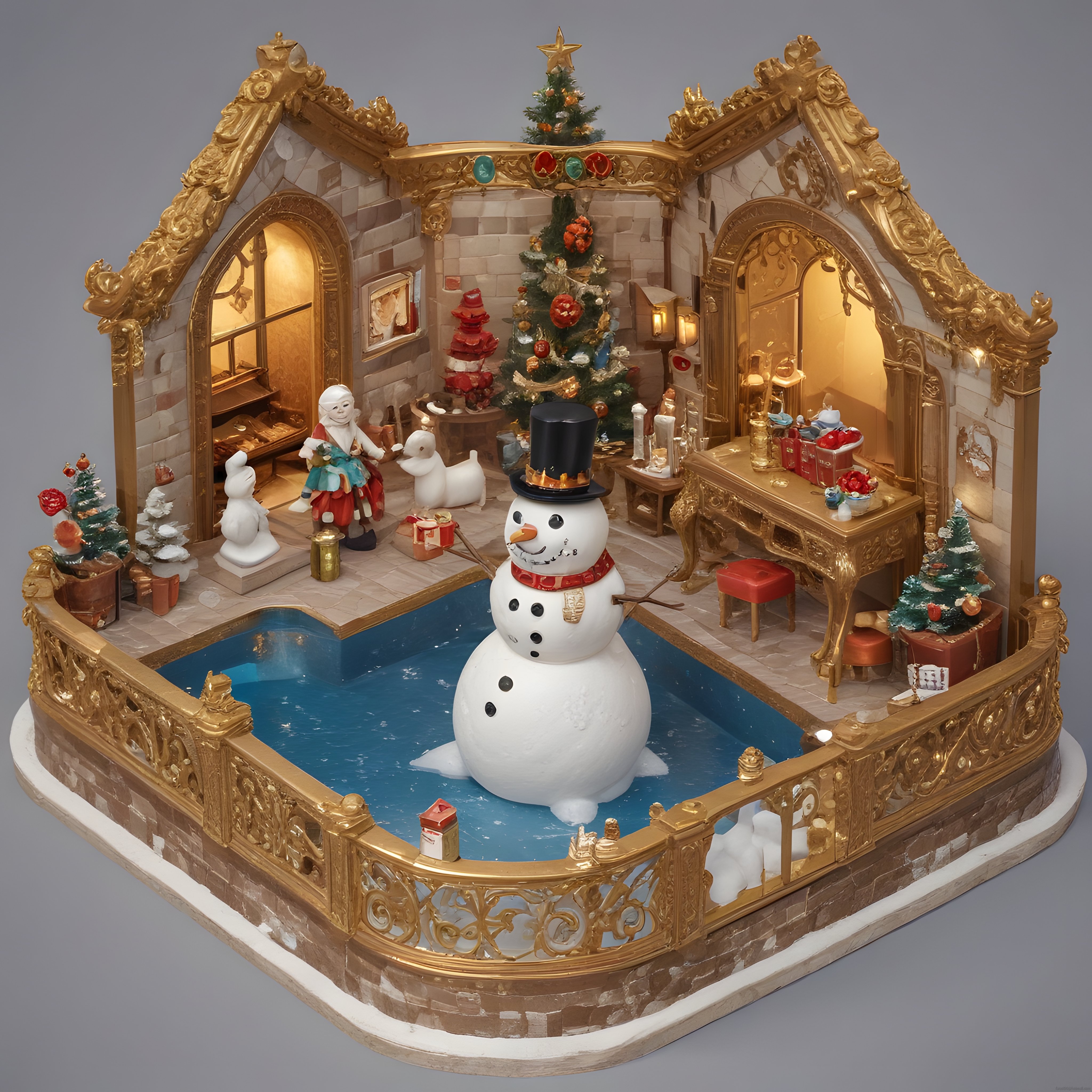 Şapkalı Kardan Adamın Altın İşlemeli Havuzda Durduğu Minyatür Noel Odası