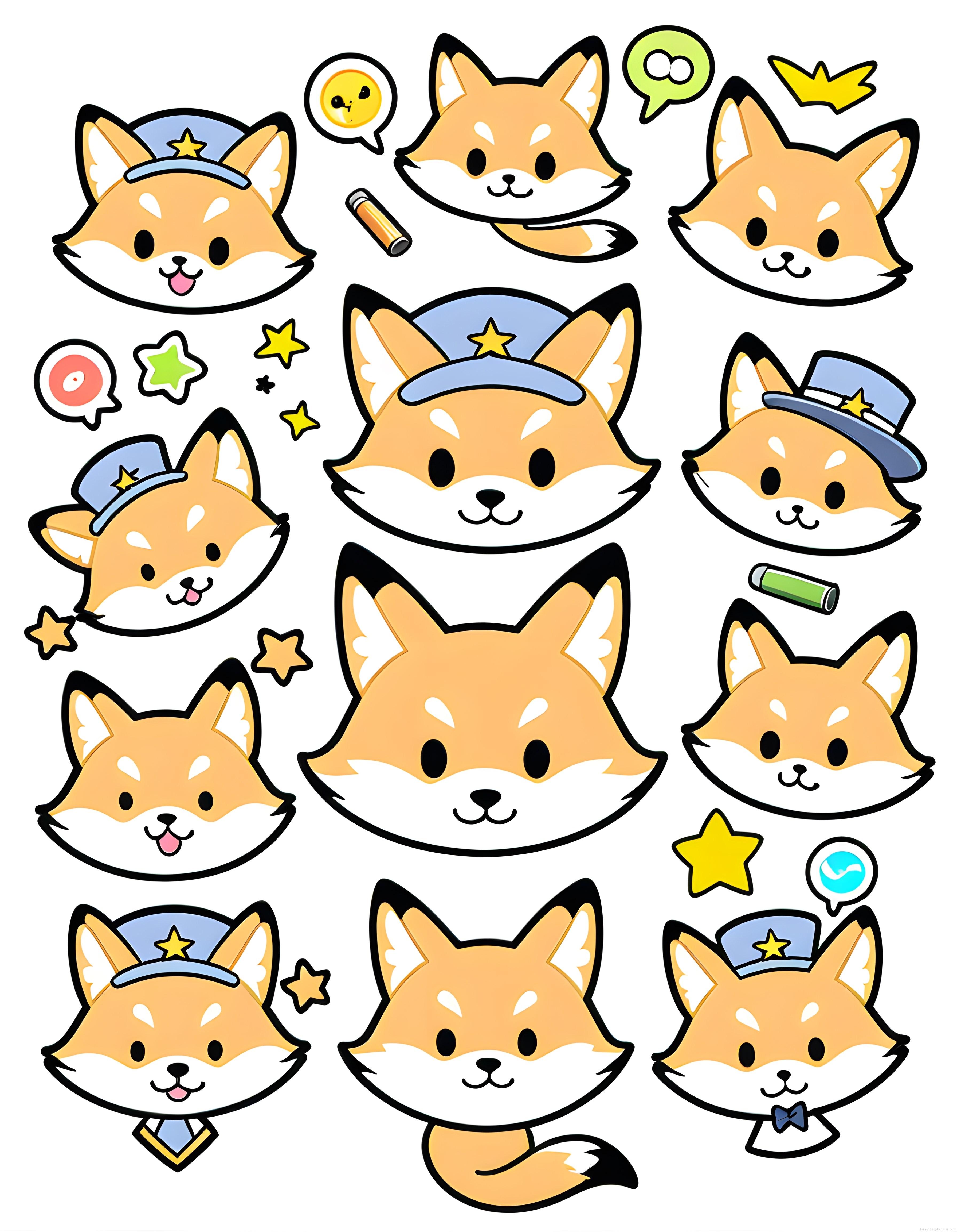 Şapkalı Kawaii Tilki Stickerları: Sevimli Çizgi Film Yüzleri ve Renkli Süsler