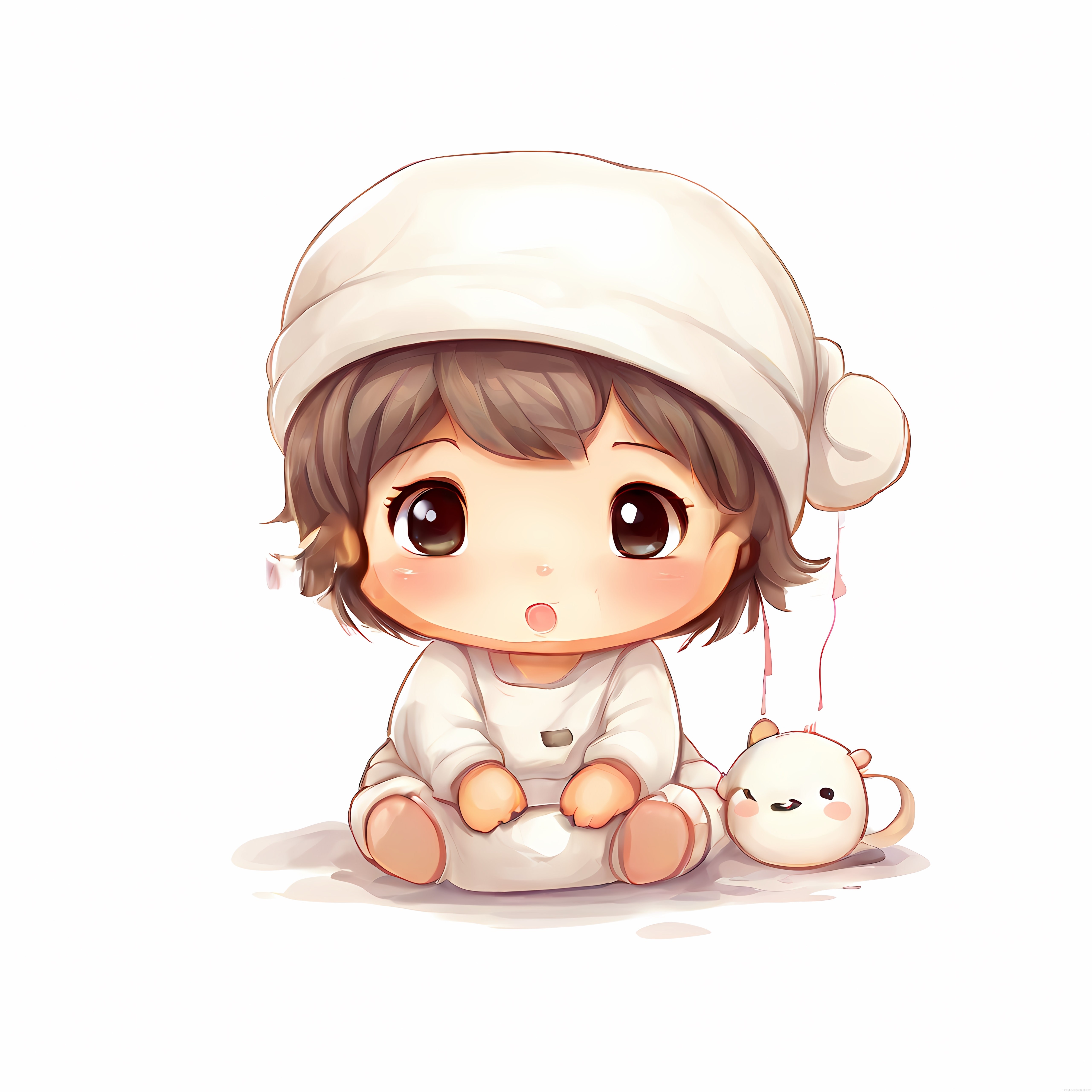 Şapkalı Pijamalı Sevimli Chibi Karakter ve Yanındaki Minik Oyuncak Arkadaşı
