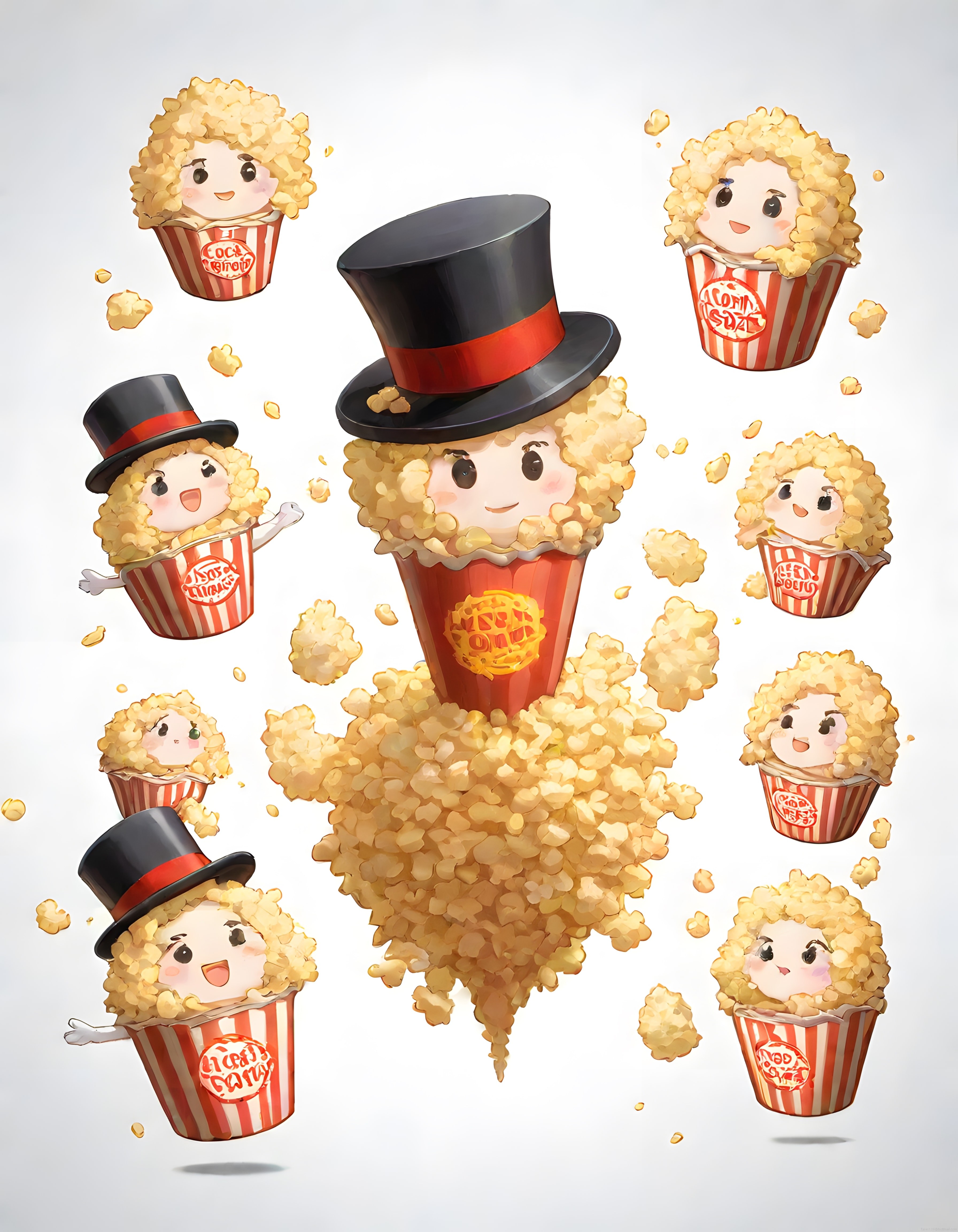 Şapkalı popcorn karakterleri ve uçan sevimli patlamış mısır ailesi