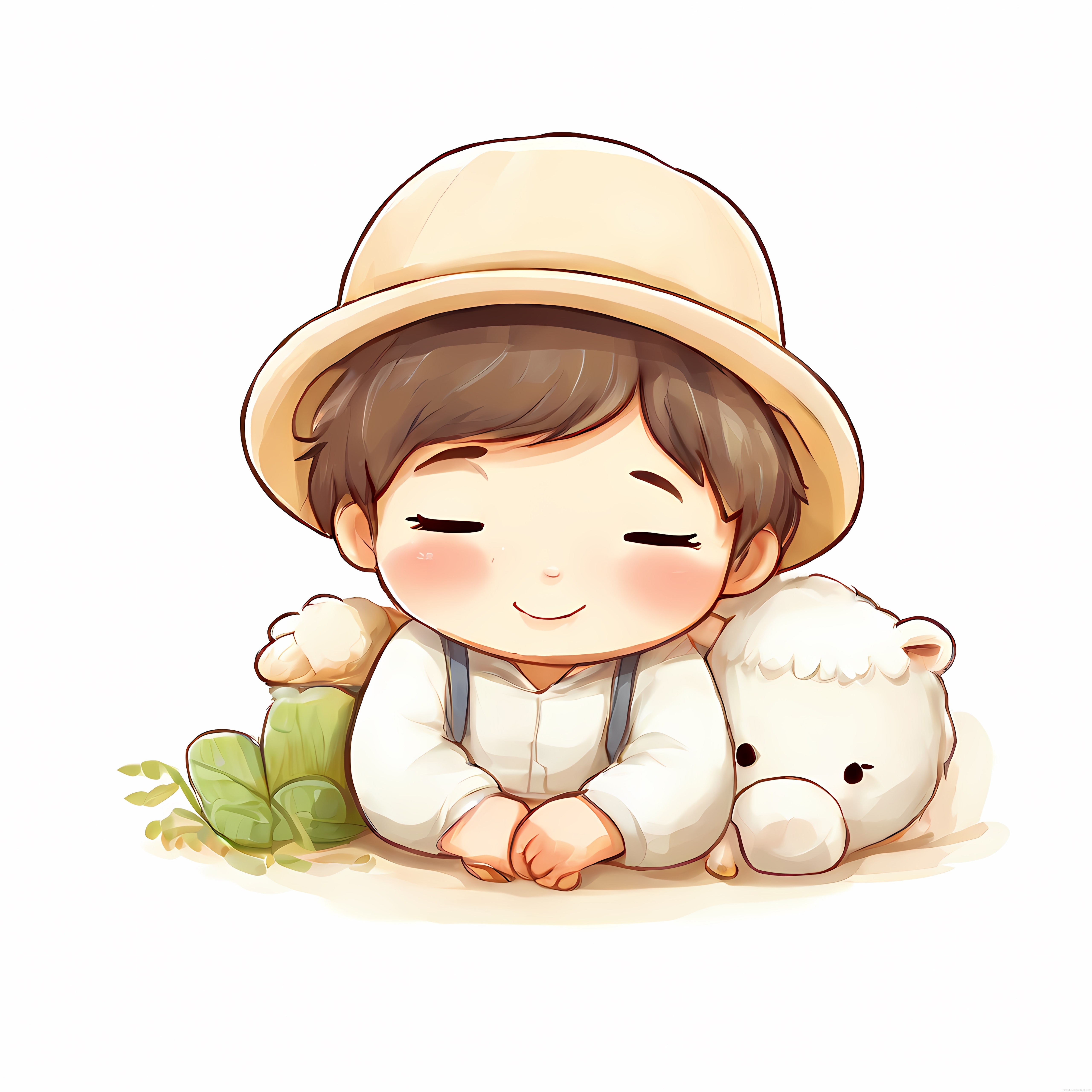 Şapkalı Sevimli Chibi Karakter ve Kuzu Arkadaşının Masum Dijital Sanat İllüstrasyonu