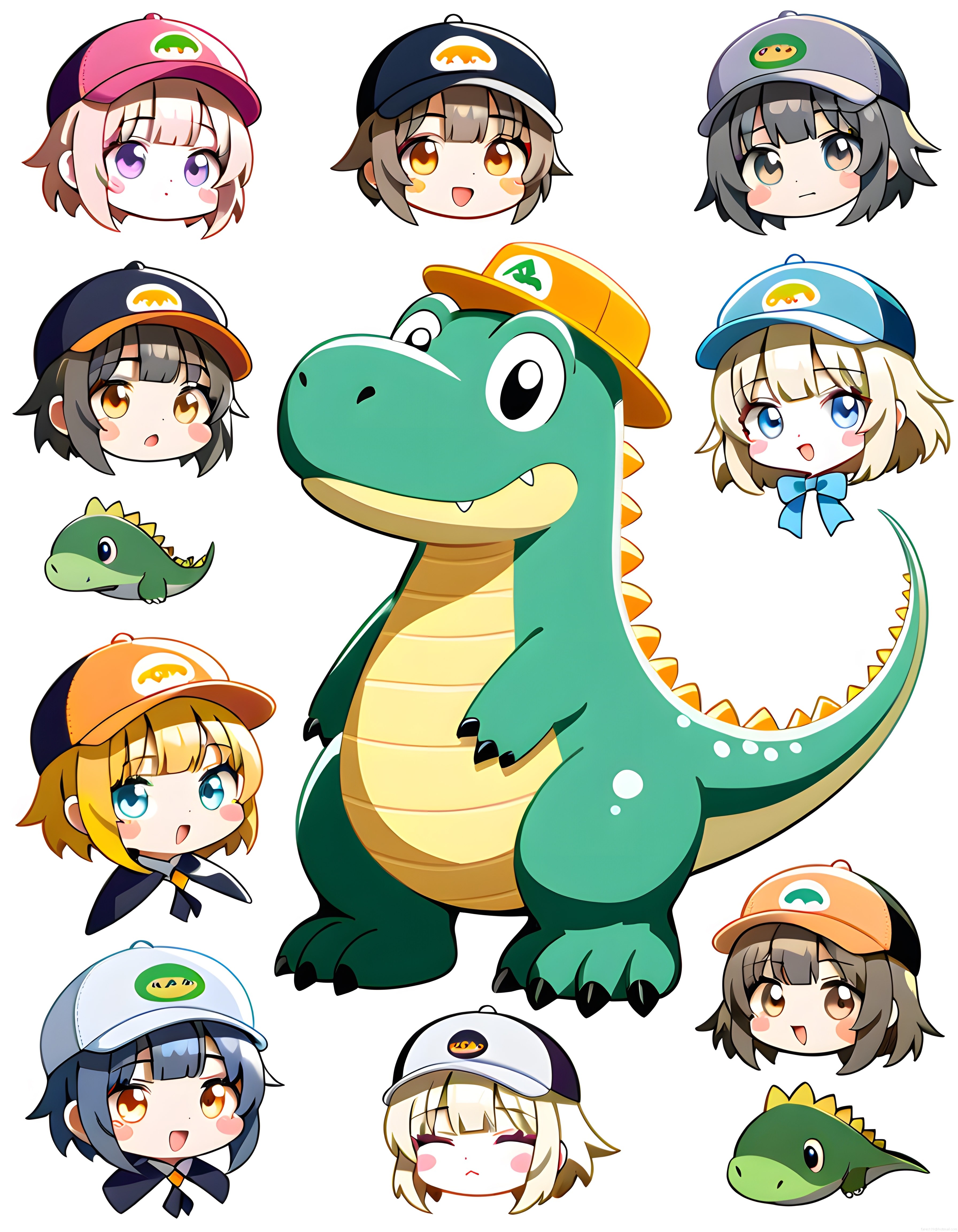 Şapkalı Sevimli Chibi Kız Karakterleri ve Yeşil Dinozor Maskot Tasarım Seti