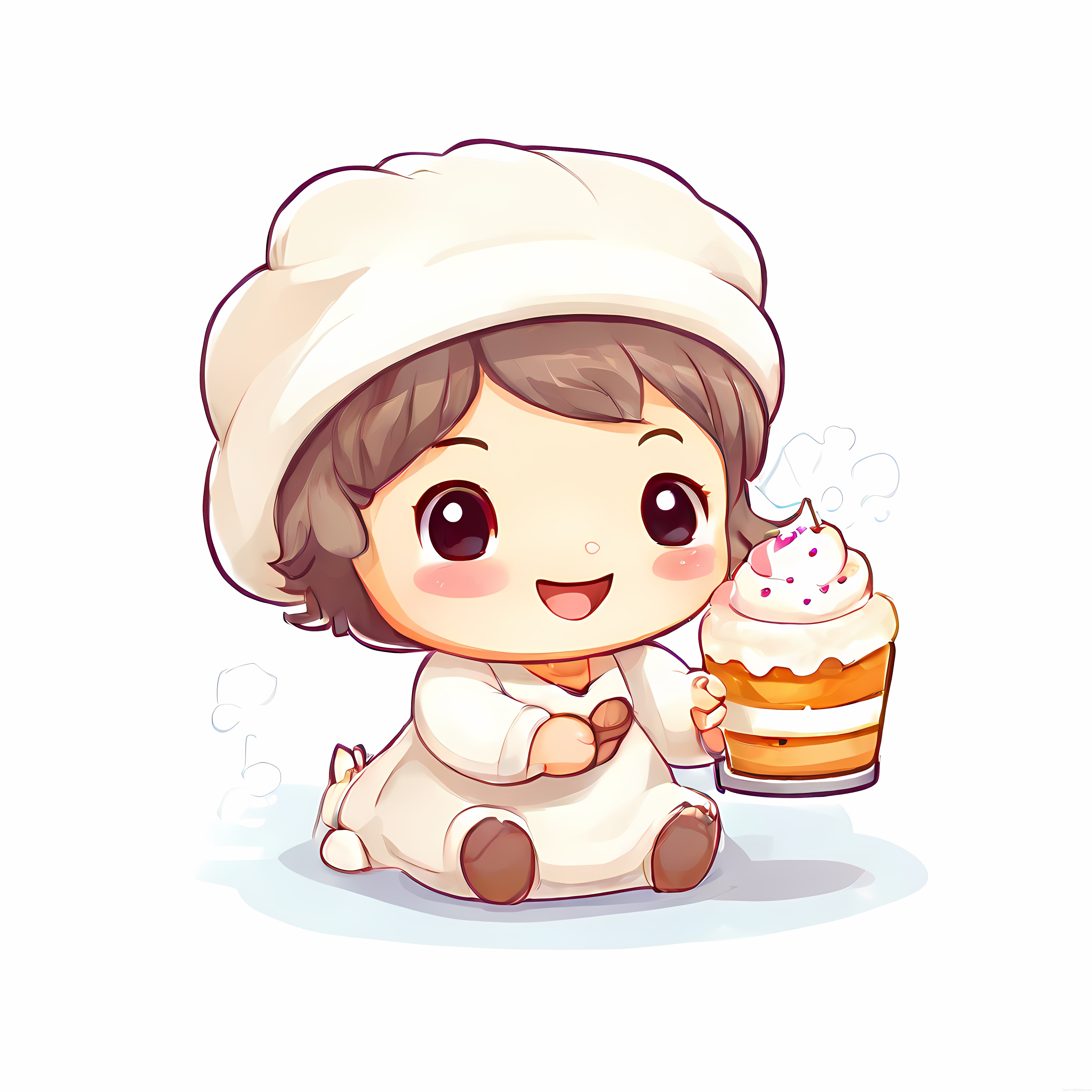 Şapkalı Sevimli Mini Şef ve El Yapımı Cupcake Dijital İllüstrasyon
