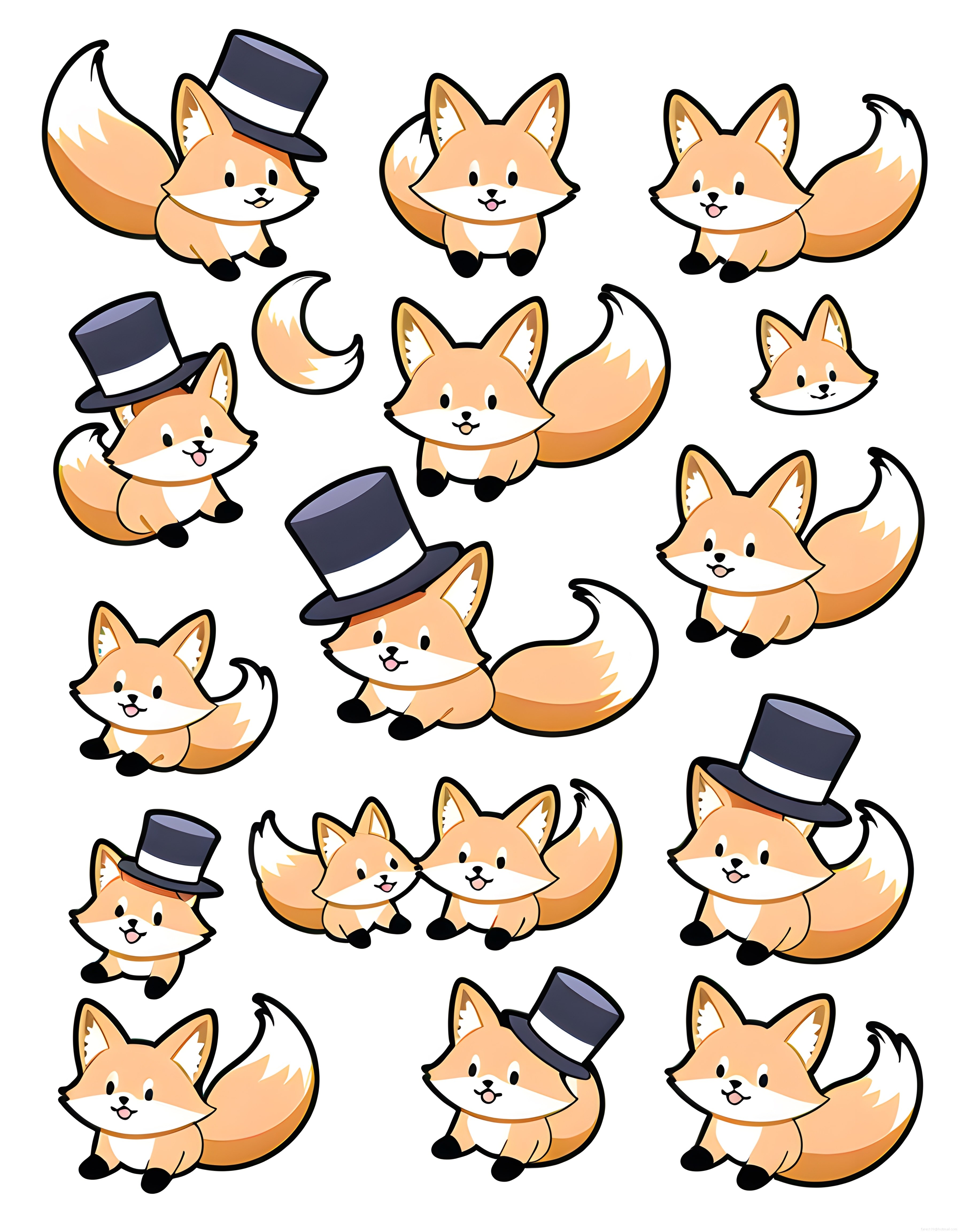 Şapkalı Sevimli Tilki Karakterleri: Kawaii Vektör Çizim ve Sticker Koleksiyonu