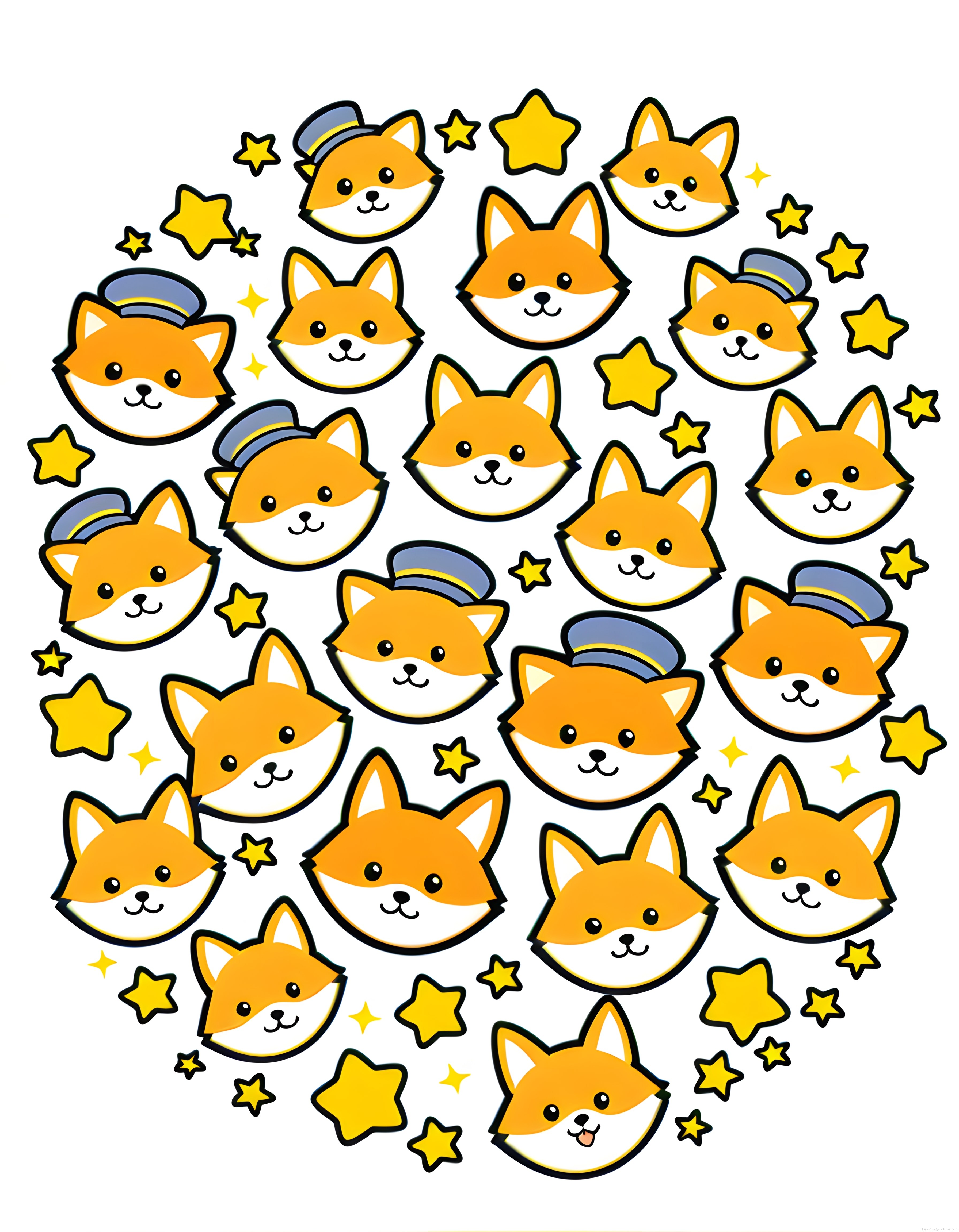 Şapkalı Sevimli Tilki Yüzleri ve Parlak Yıldızlarla Süslenmiş Kawaii Desen
