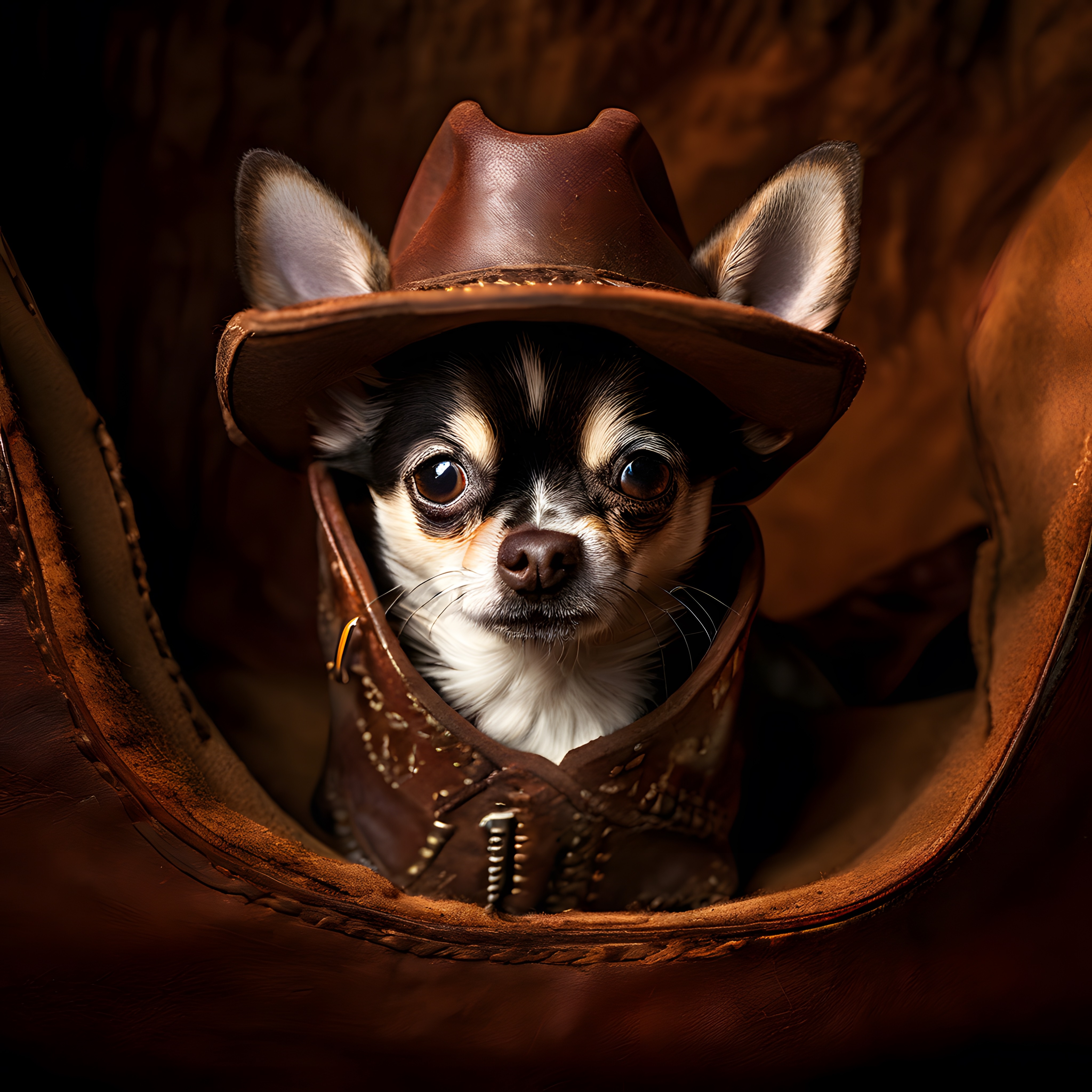 Şapkalı ve Deri Yelekli Sevimli Chihuahua Köpeğin Vahşi Batı Tarzı Portresi