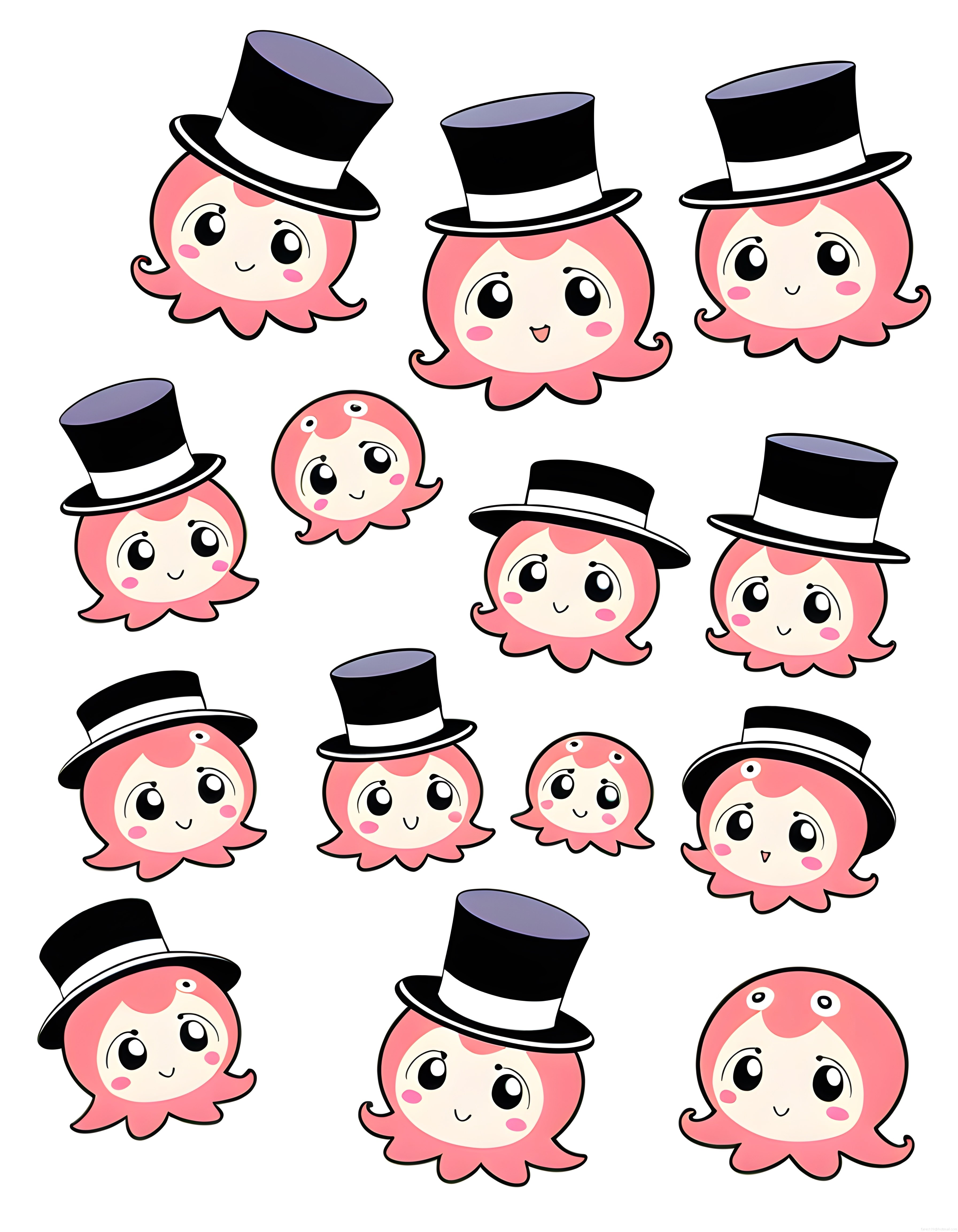 Şapkalı ve Şapkasız Pembe Saçlı Kawaii Karakterler Sevimli Vektör Çizim Seti