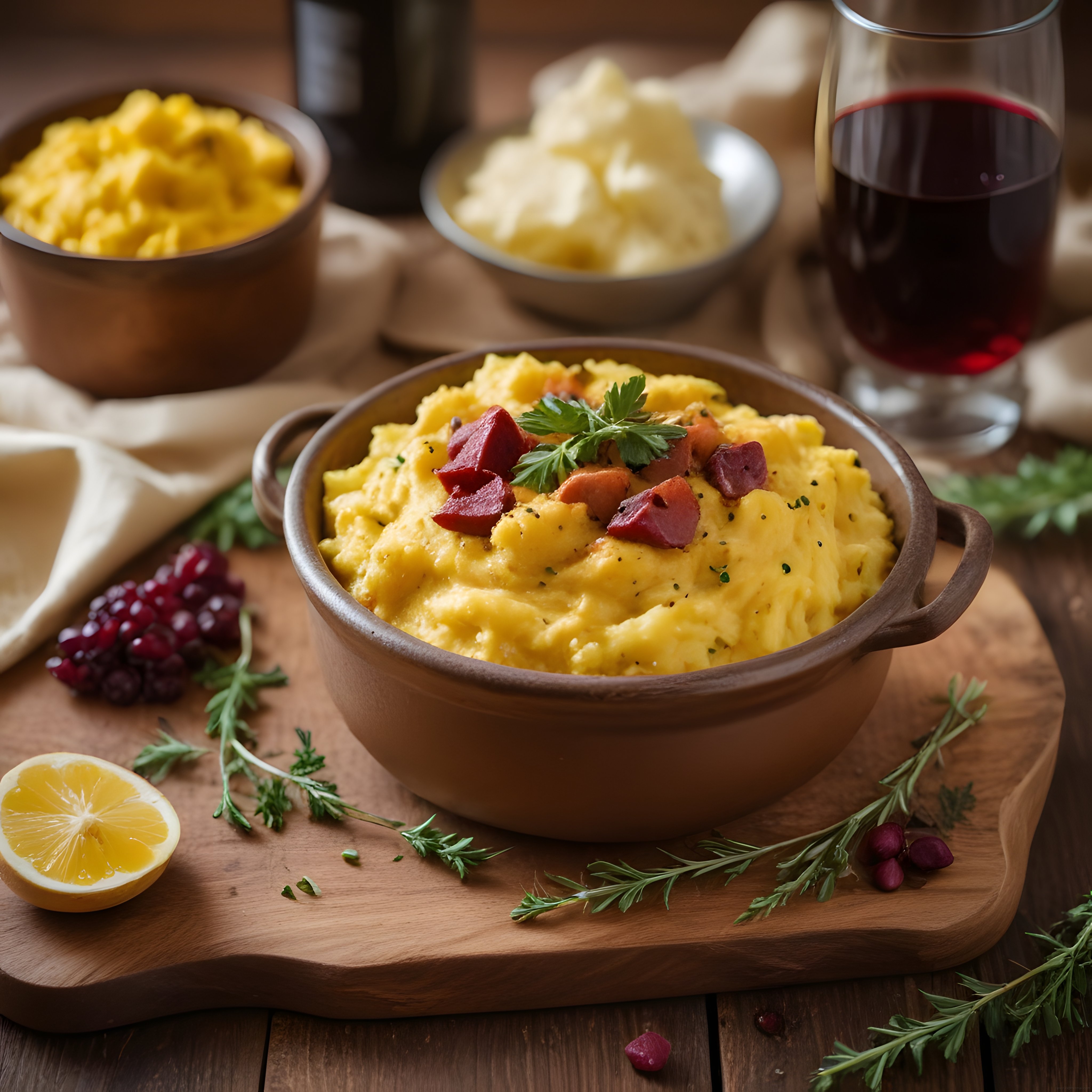 Şarap Eşliğinde Kremalı Polenta ve Pastırma ile Rustik Akşam Yemeği Sunumu