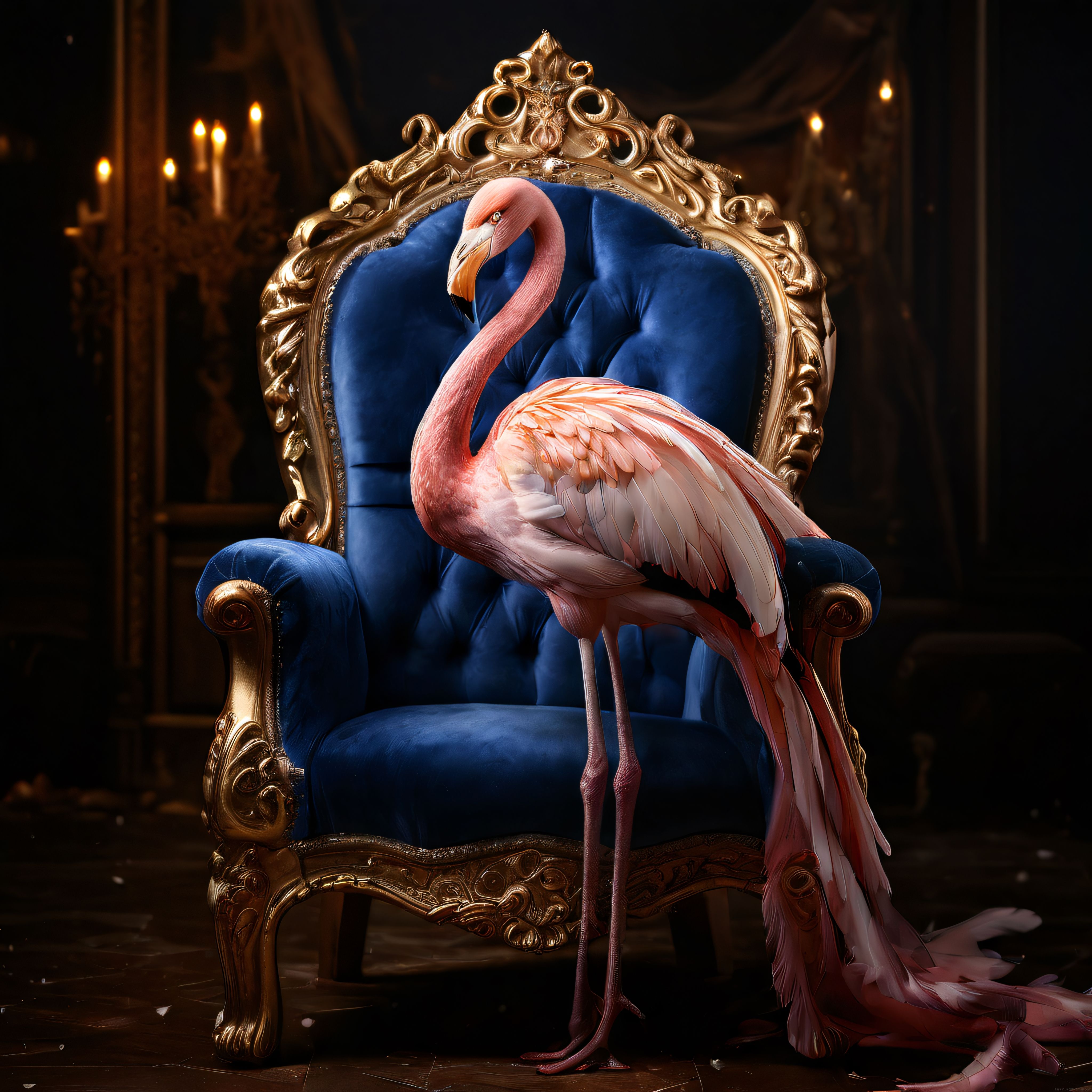 Saray Salonundaki Mavi Kadife Taht Üzerinde Zarif Pembe Flamingo