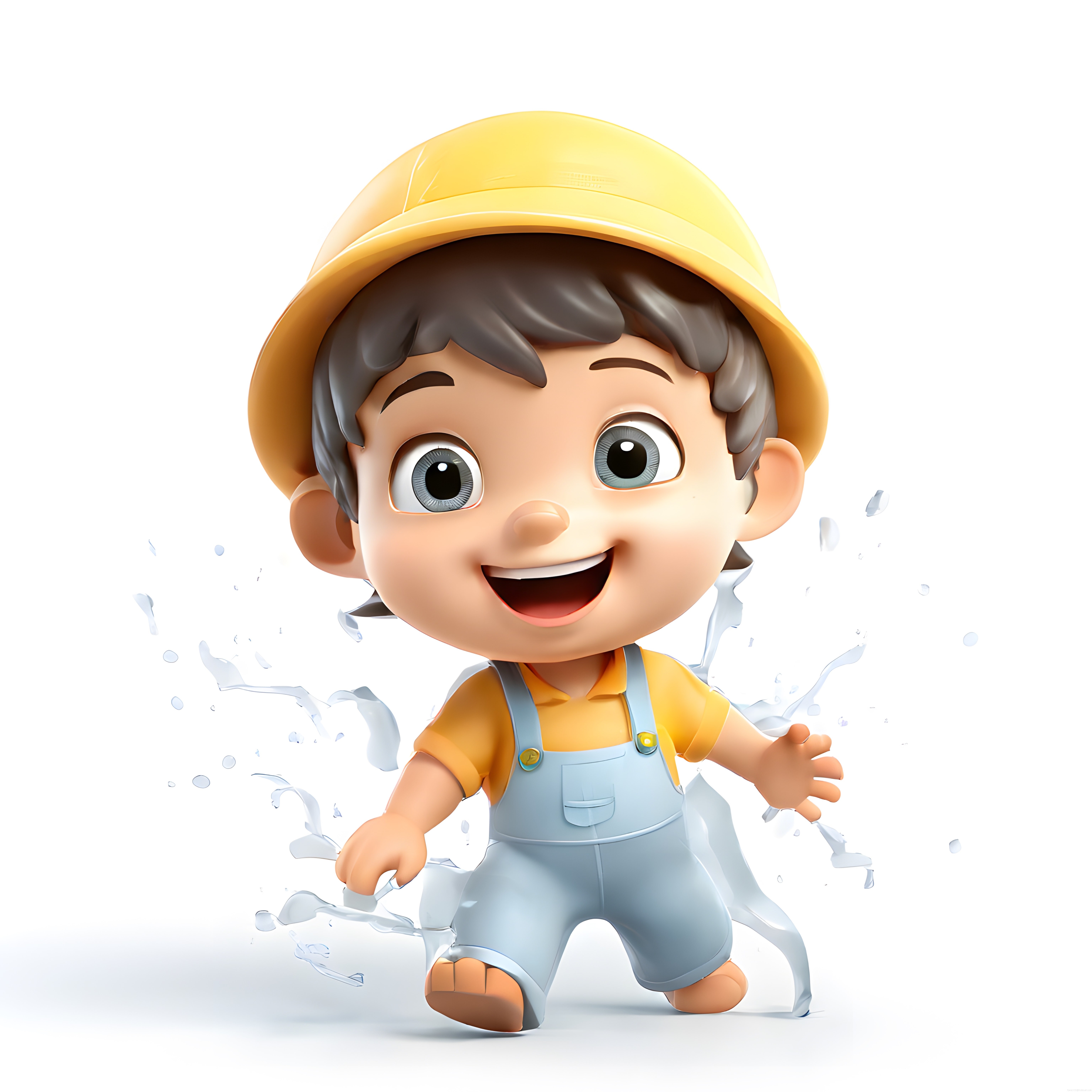 Sarı Baretlı Neşeli 3D Karakter Çocuk Suyun İçinde Koşarken Gülümsüyor