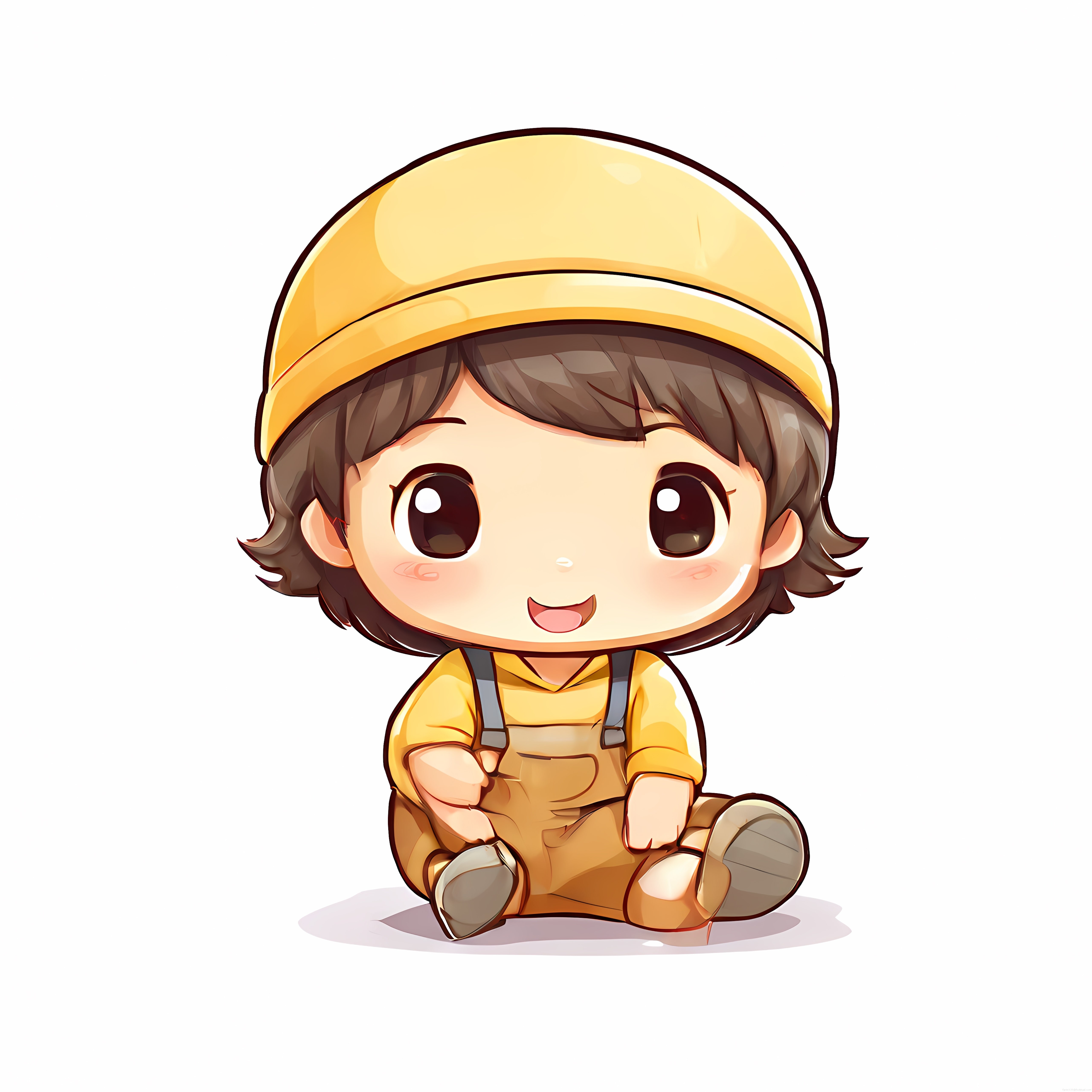 Sarı Baretli Sevimli Chibi İnşaatçı Çocuk Karakteri, Anime Tarzı Dijital Çizim