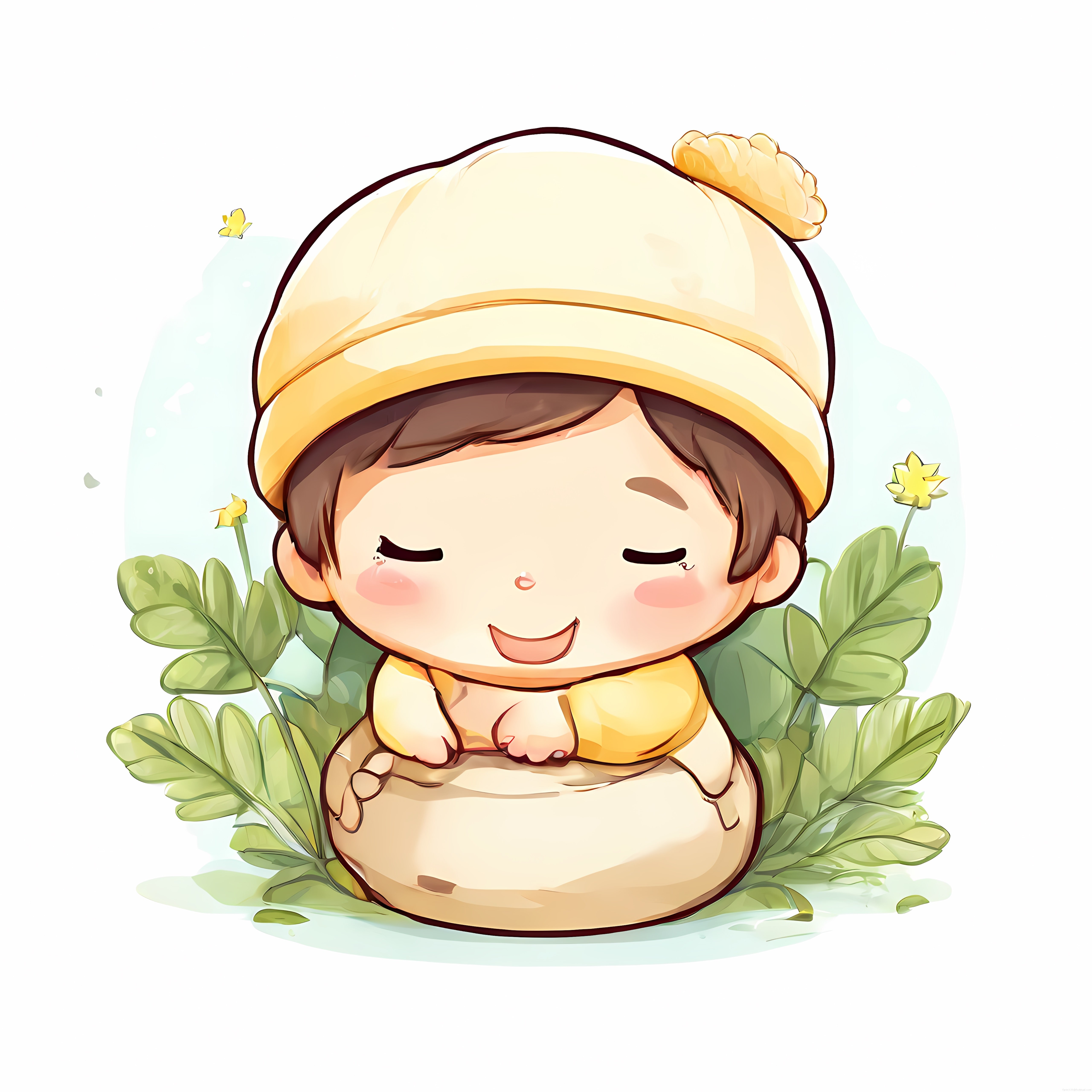 Sarı bere ve atkılı sevimli chibi karakter yapraklar arasında oturuyor