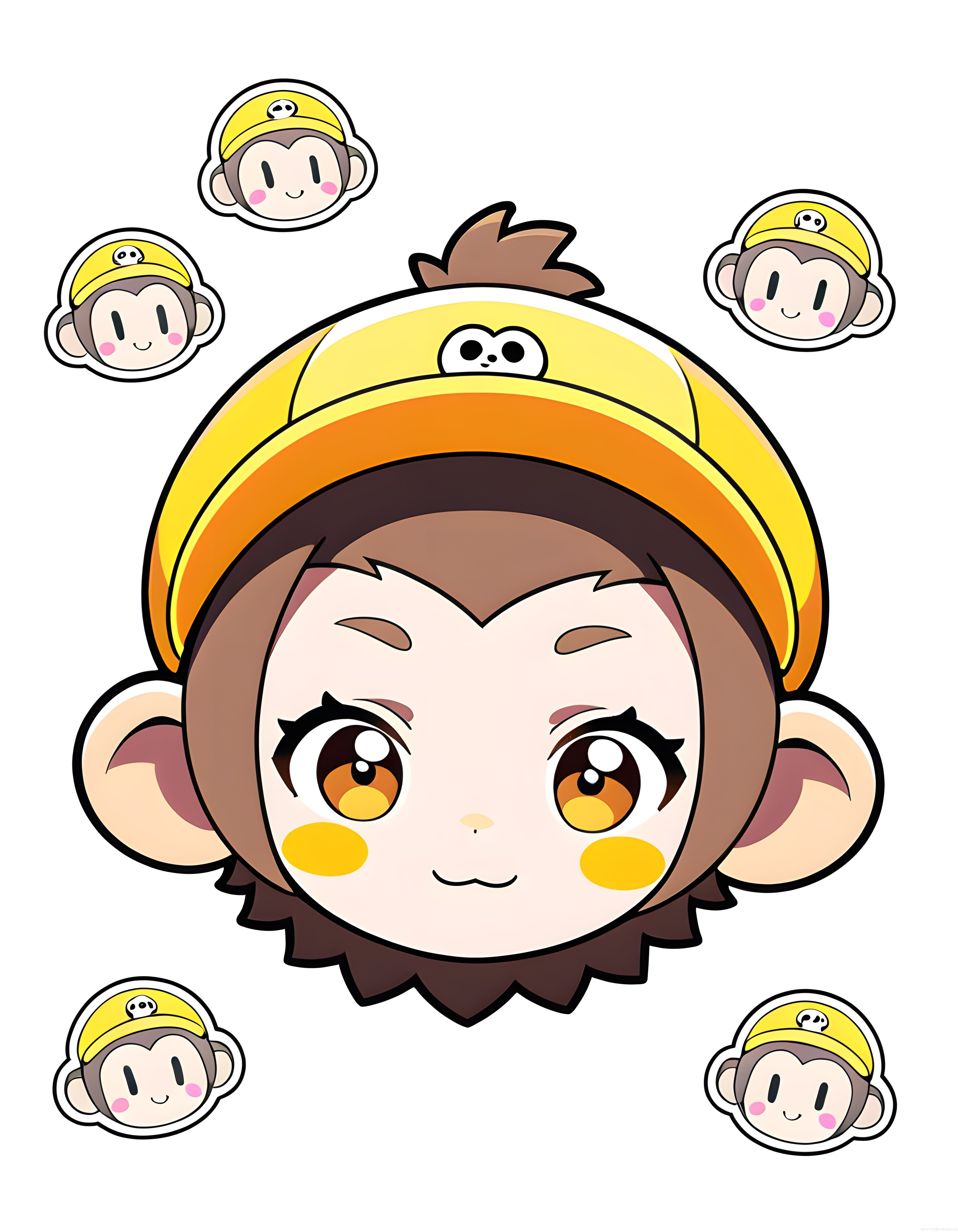 Sarı Bereli Sevimli Chibi Maymun Dijital İllüstrasyon ve Maskot Seti