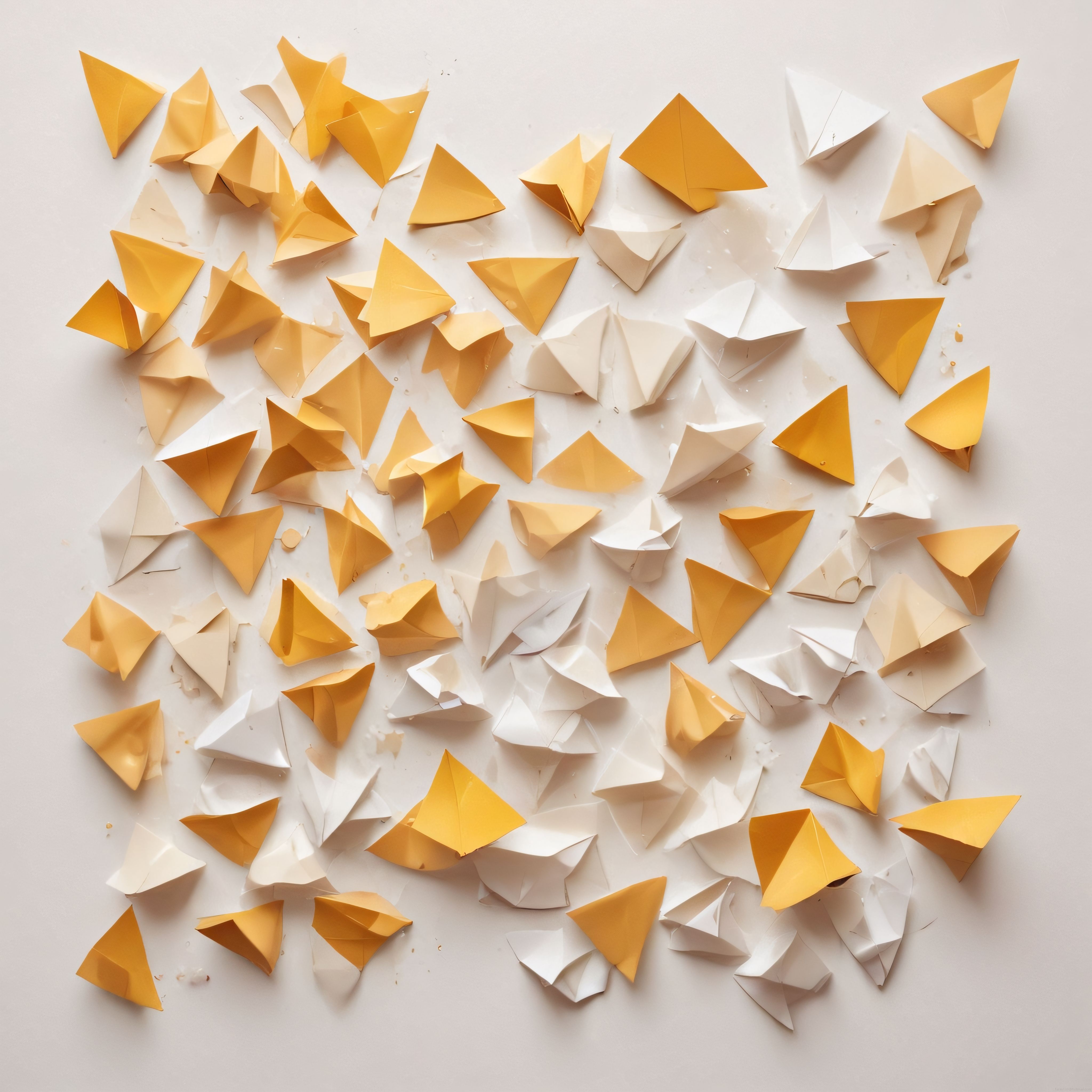 Sarı Beyaz Üçgen Origami Kağıtlarından Oluşan Sanatsal Minimal Duvar Kompozisyonu