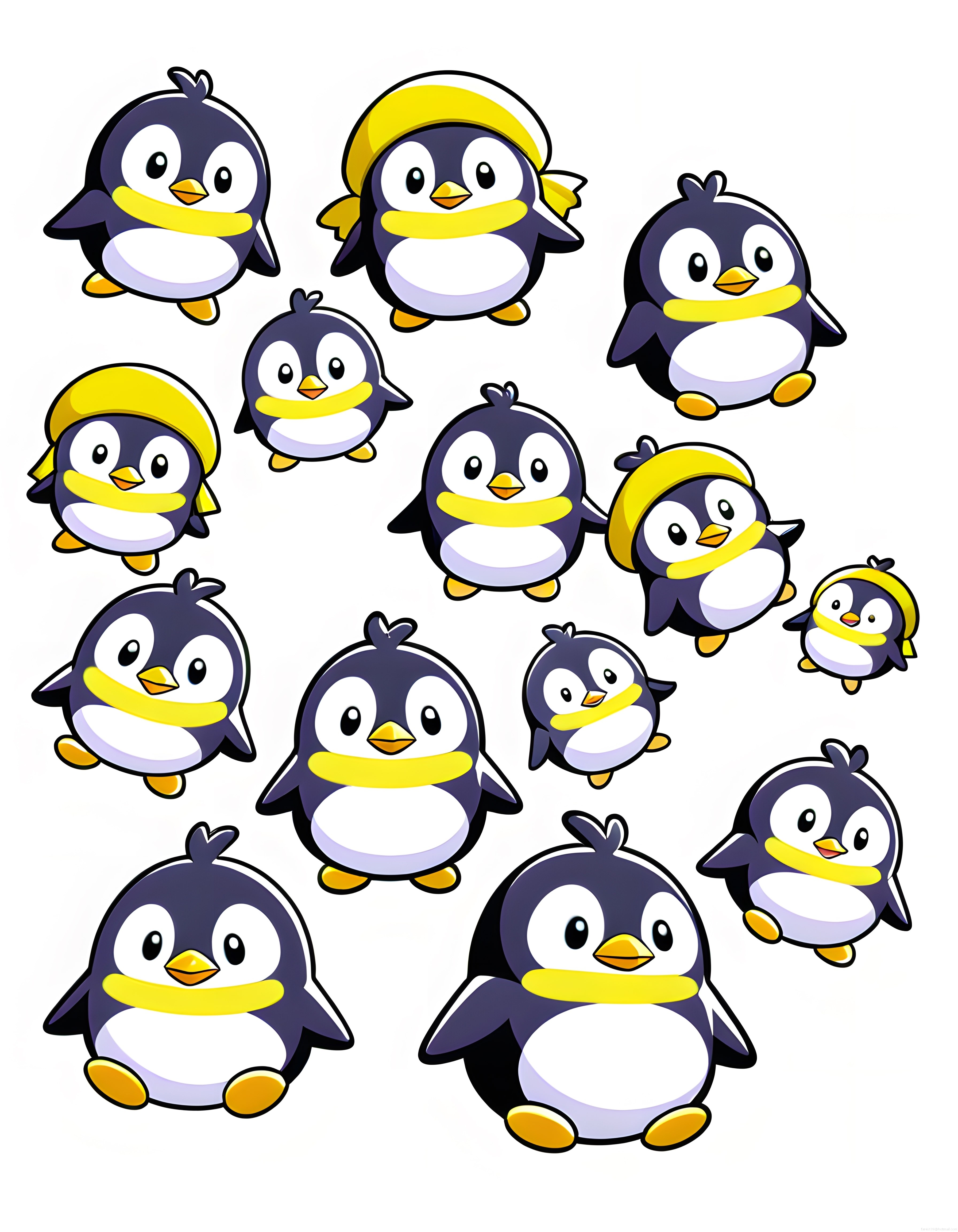 Sarı Eşarplı Sevimli Karikatür Penguenlerden Oluşan Neşeli Bir Penguen Ailesi