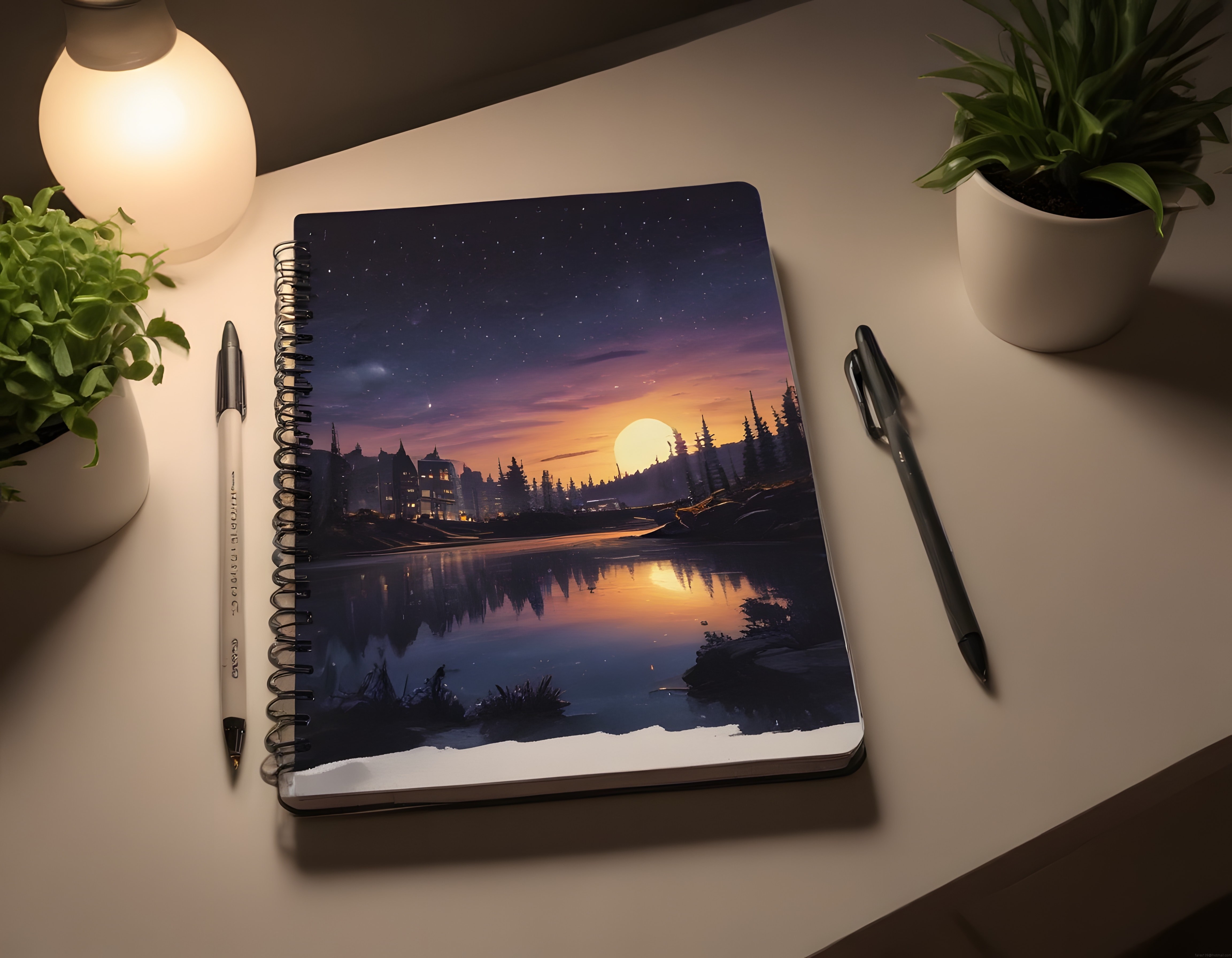 sarı ışıklı çalışma masasında manzaralı defter ile huzurlu gece atmosferi