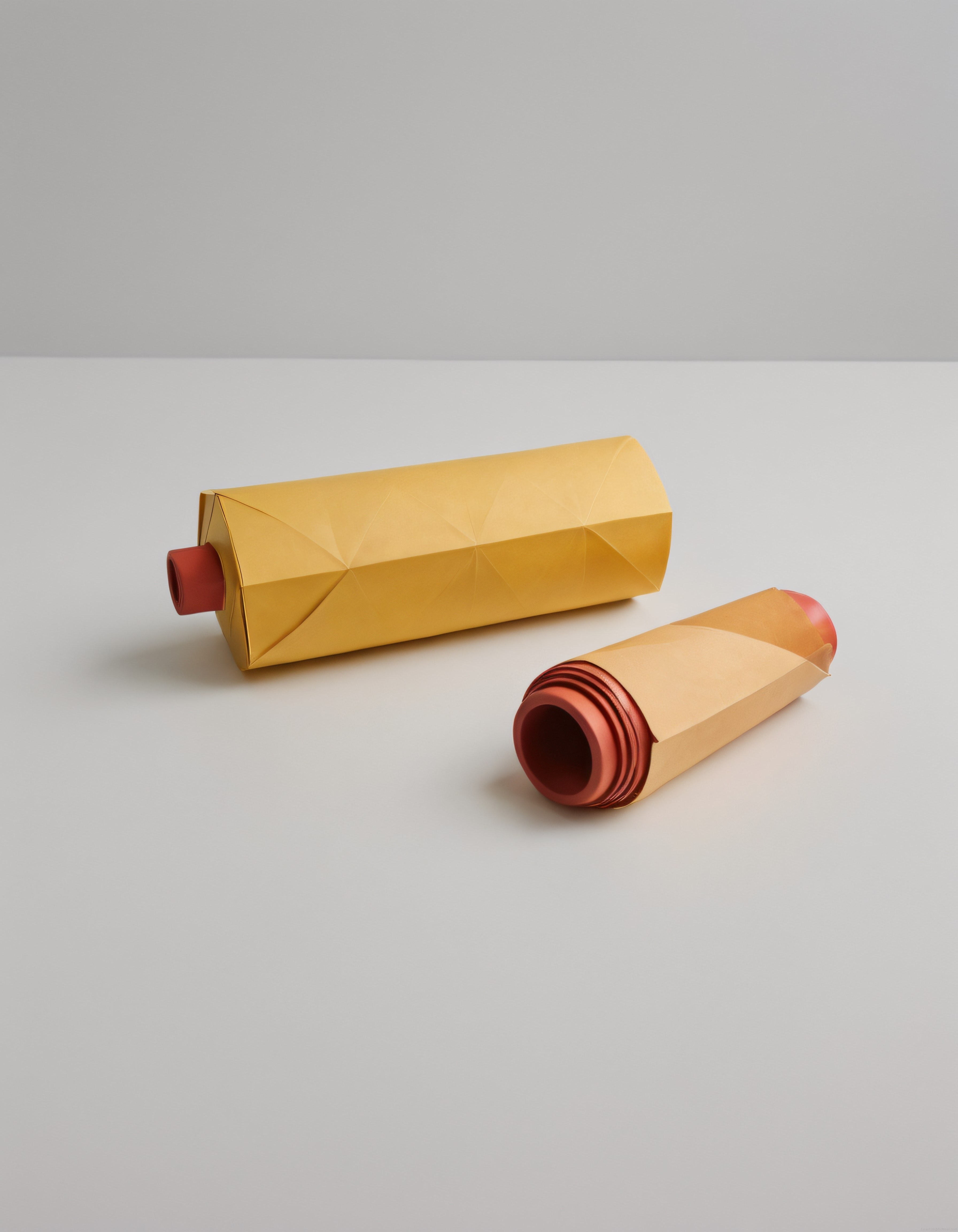 Sarı Kağıttan Katlanmış Geometrik Silindir Objeler ve Minimalist Sunum