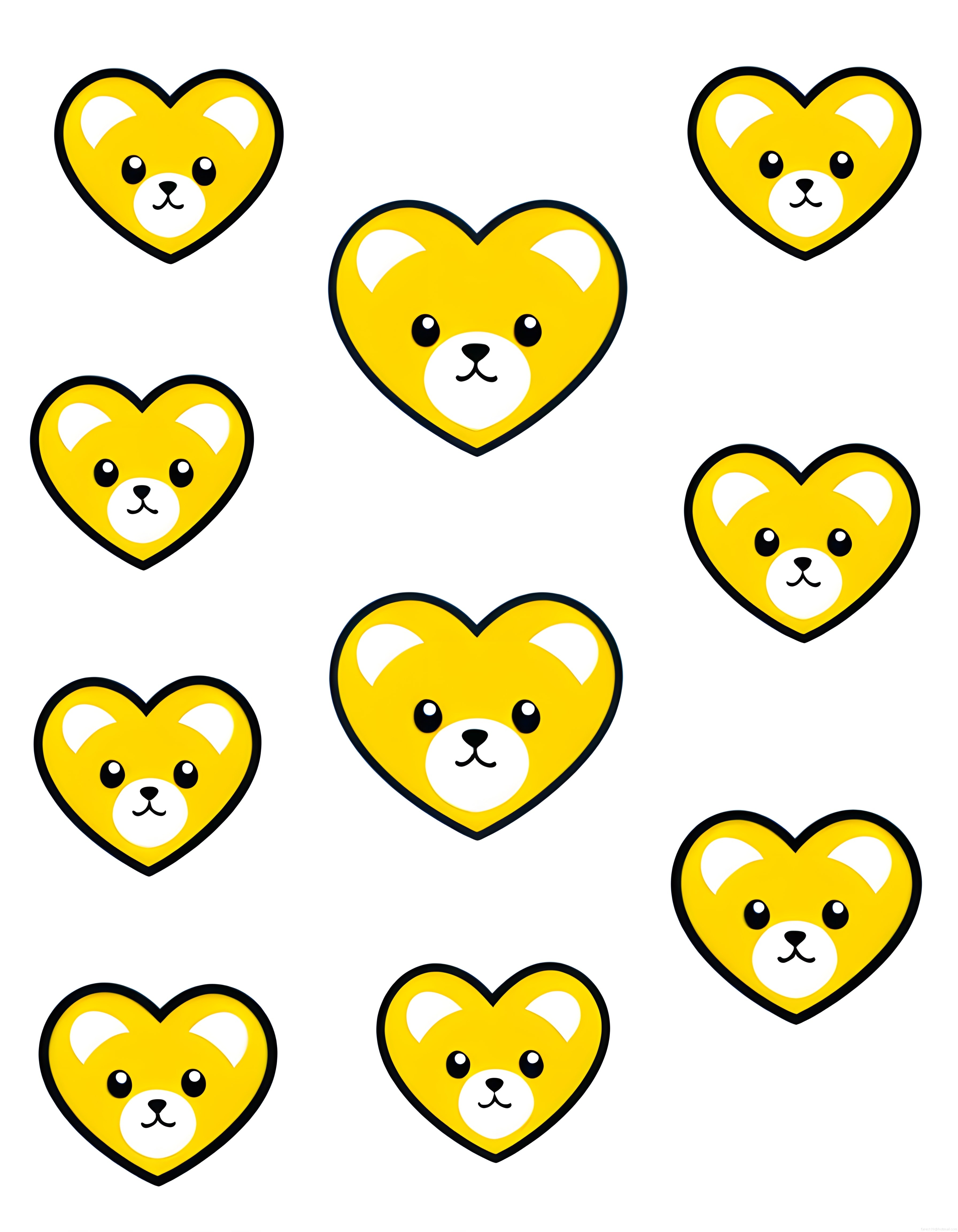 Sarı Kalpli Sevimli Ayıcık Yüzleri Kawaii Sticker Dijital Arka Plan Seti