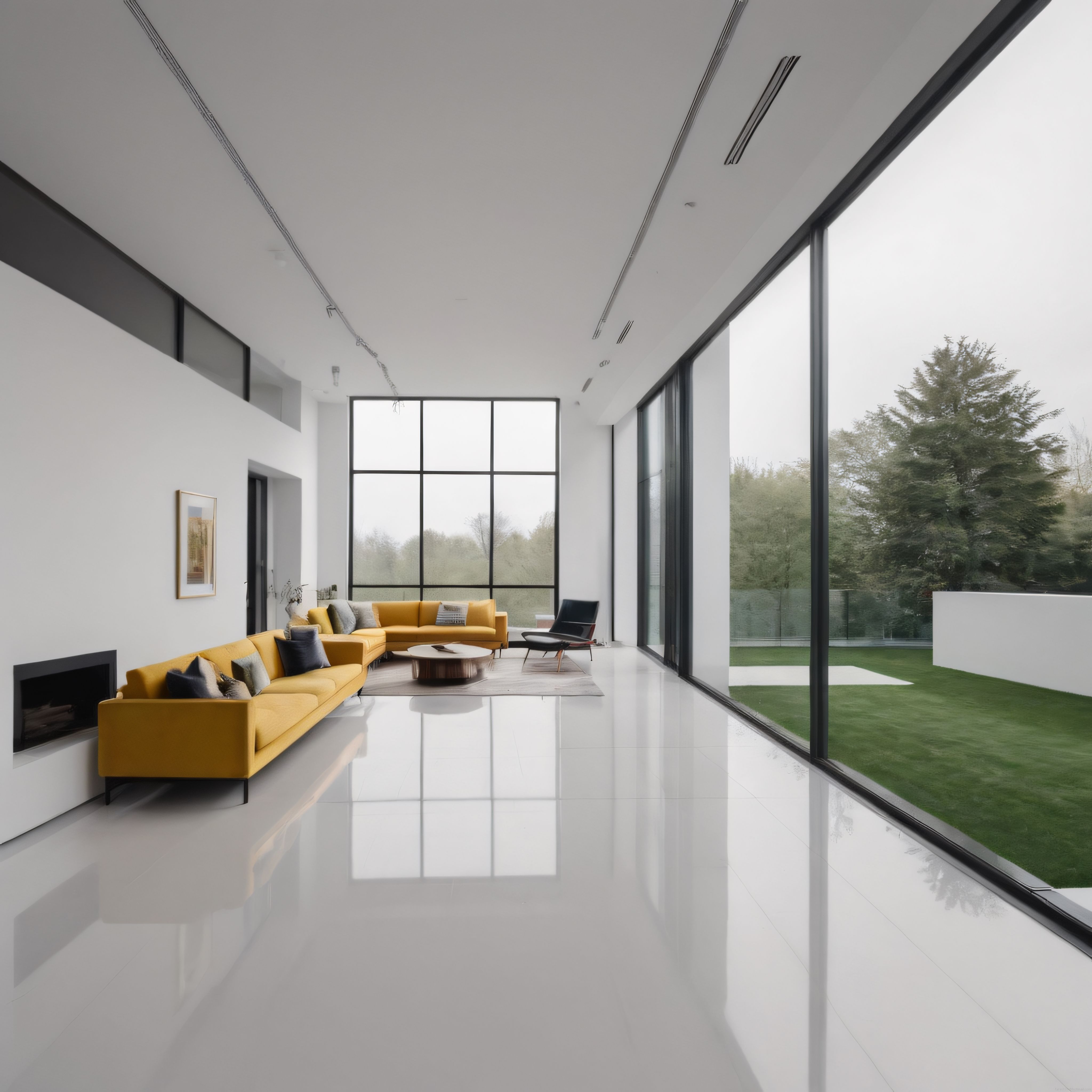 Sarı kanepeli, geniş camlı minimalist bir oturma odası ve bahçe manzarası