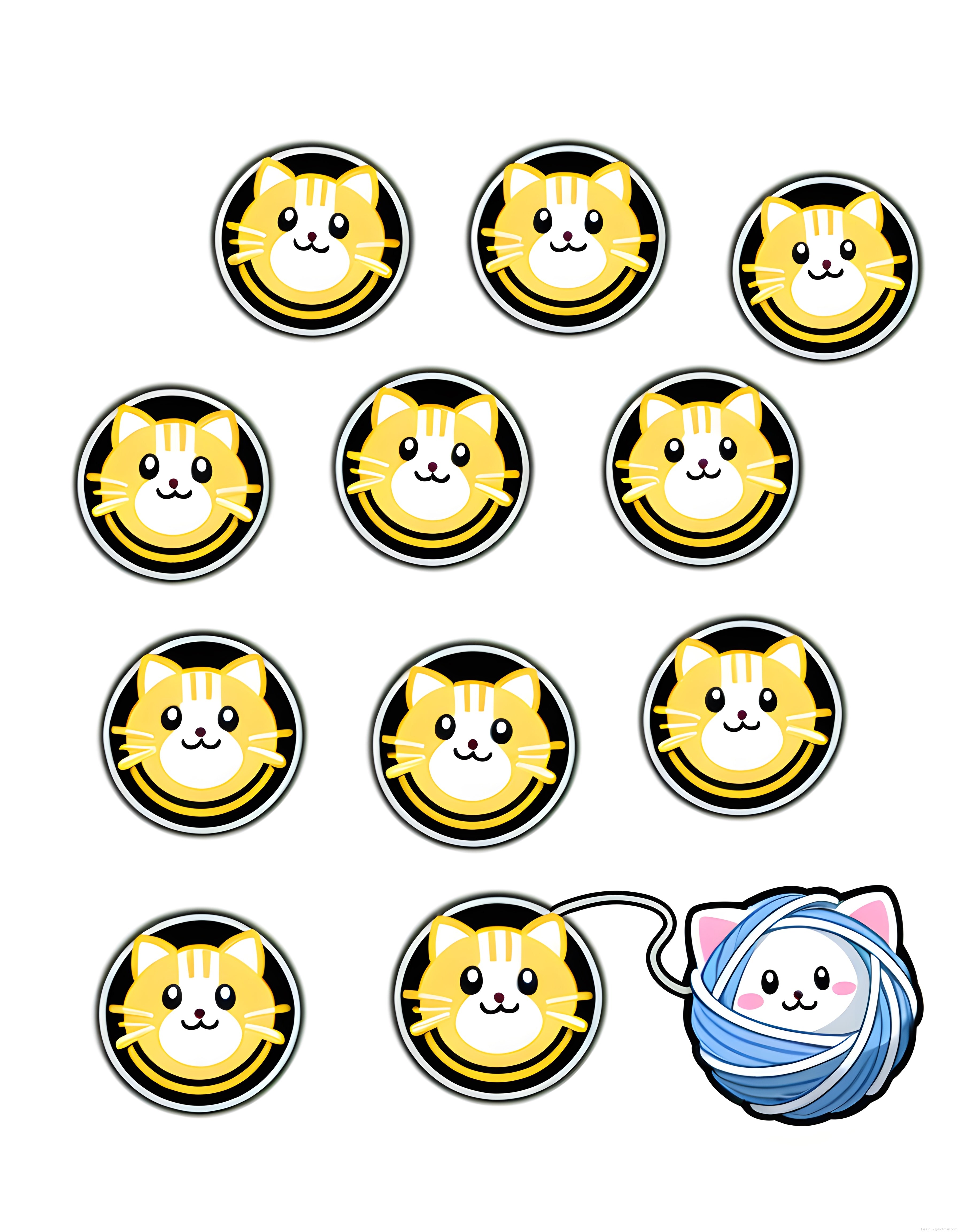 Sarı kedi yüzlü sevimli rozetler ve mavi iplikli beyaz kedi sticker seti