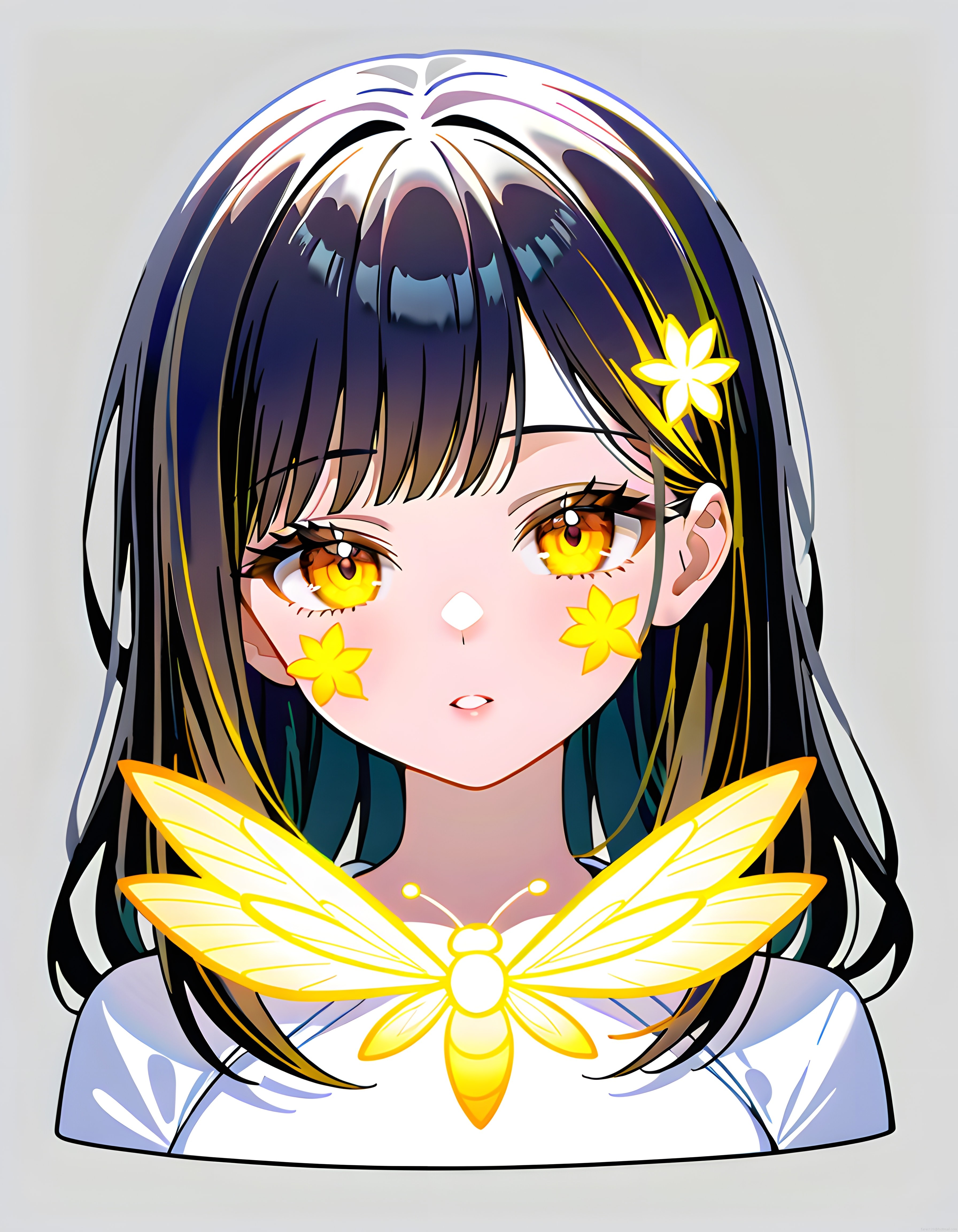Sarı kelebek detaylı amber gözlü anime tarzı genç kız dijital portre çizimi