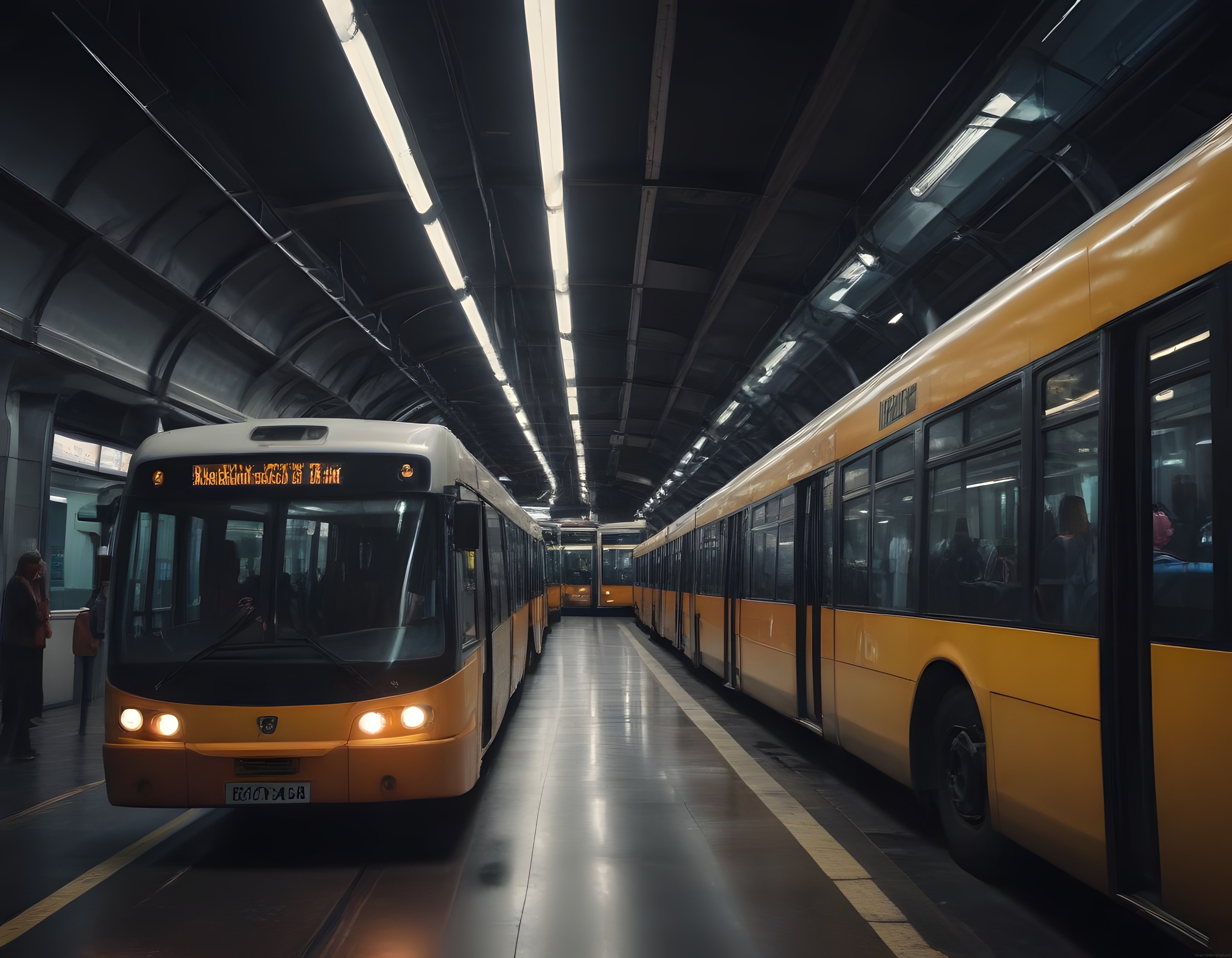 Sarı metro trenlerinin hâkim olduğu modern ve loş yeraltı istasyonu manzarası