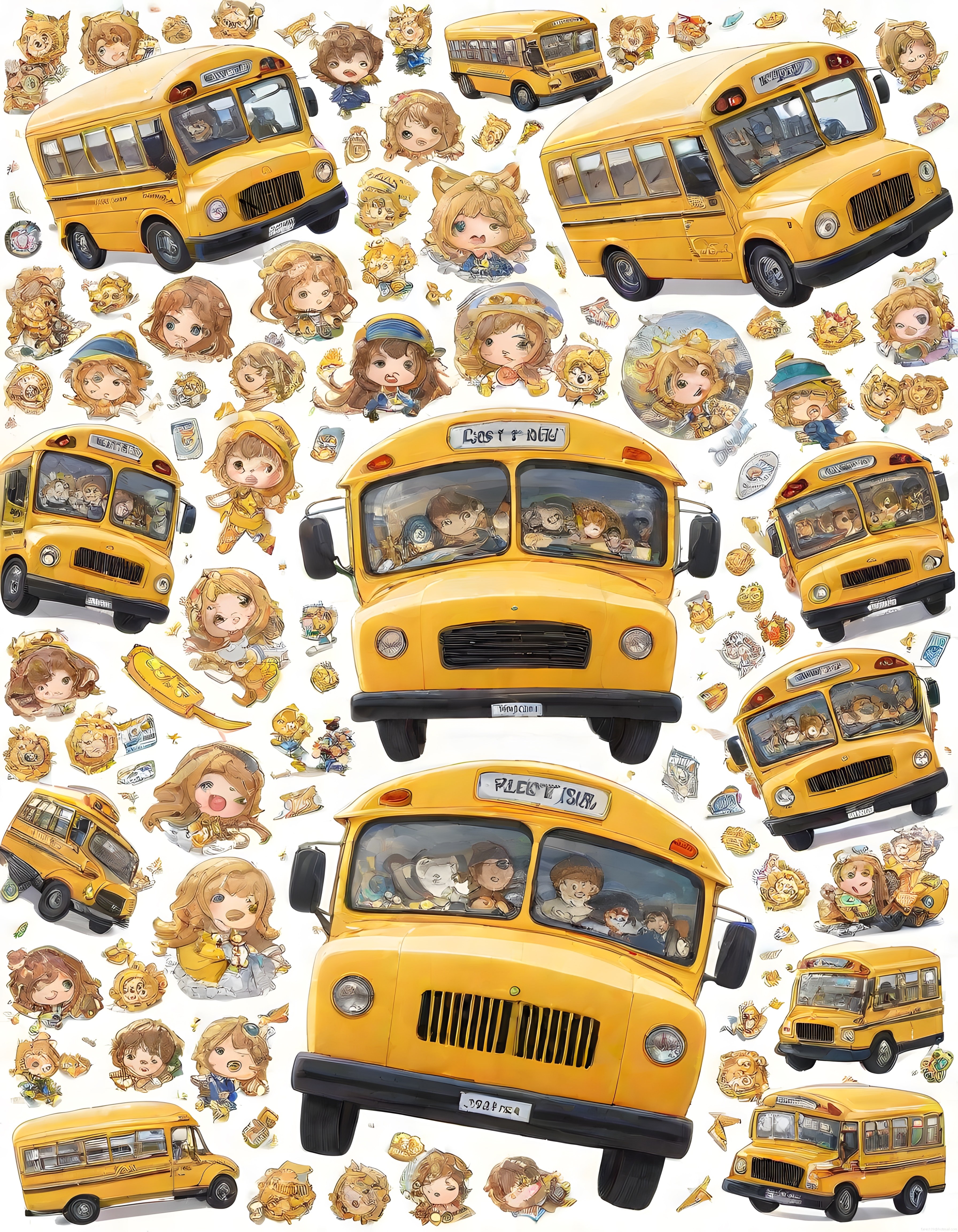 Sarı Okul Otobüsleri ve Sevimli Anime Karakterlerin Renkli Dijital Sanat Çalışması