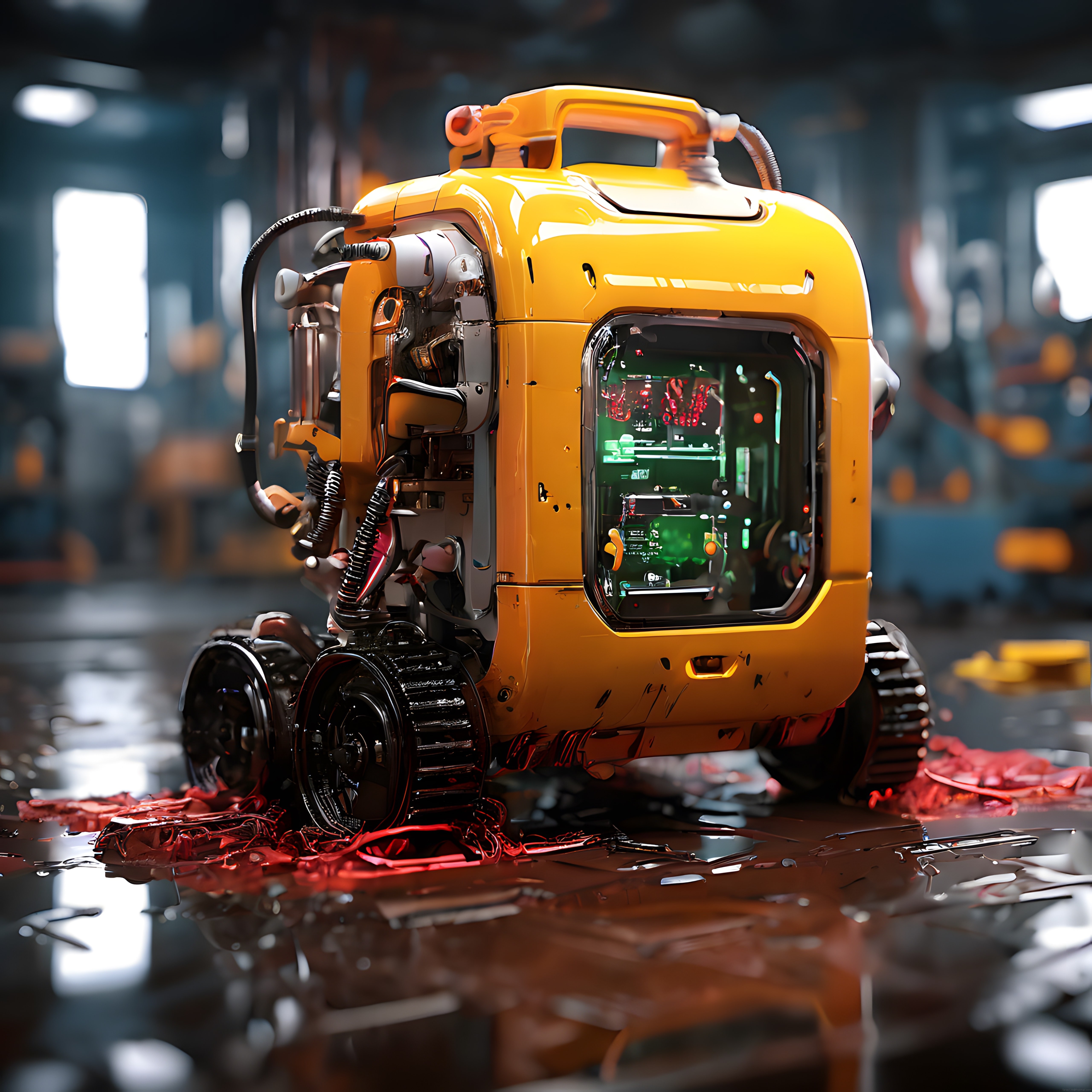 Sarı Paletli Mini Robot: Cyberpunk Laboratuvar Ortamında Teknoloji Harikası