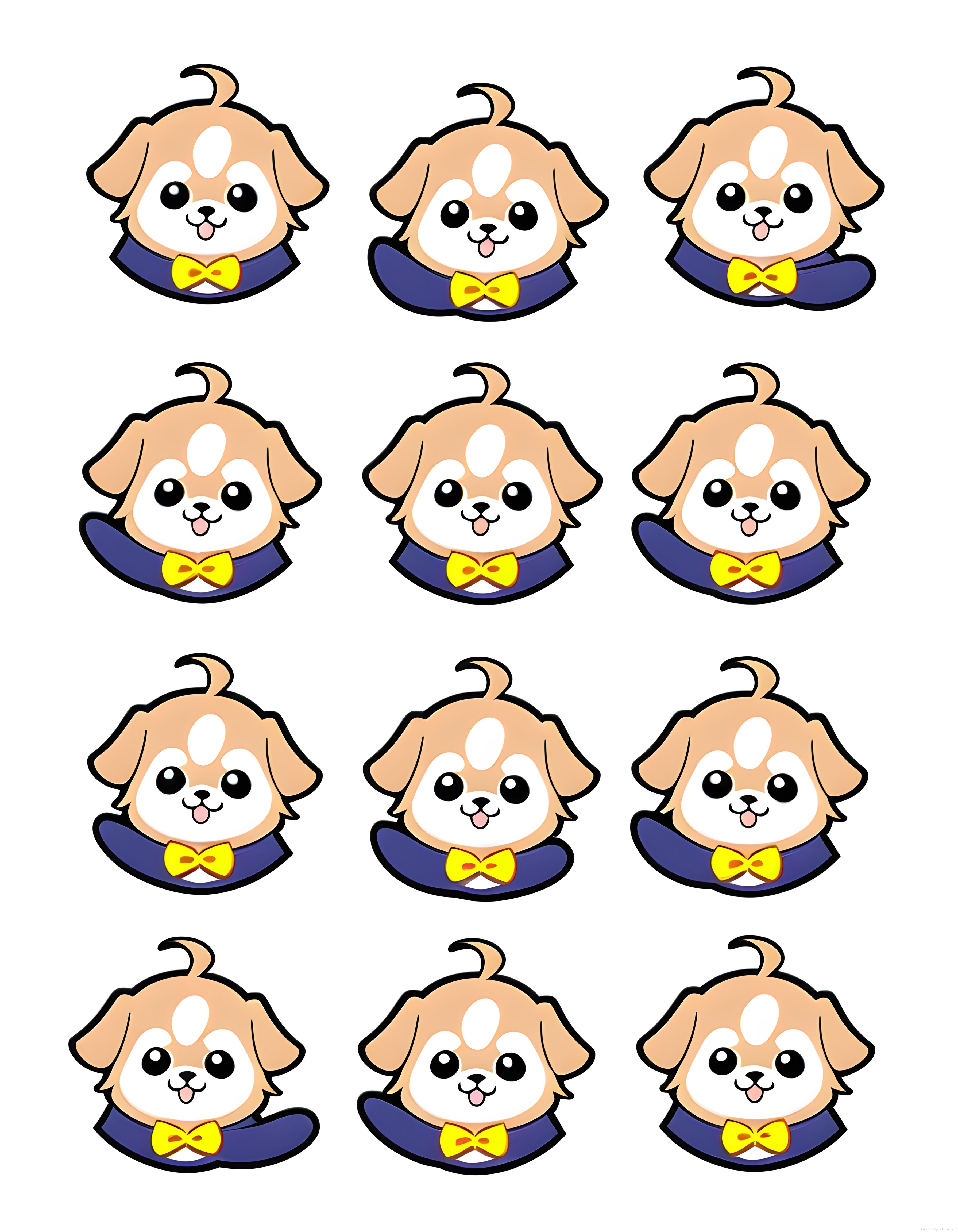 Sarı Papyonlu Sevimli Kawaii Karikatür Köpek Yüzleri Vektör Sticker Seti